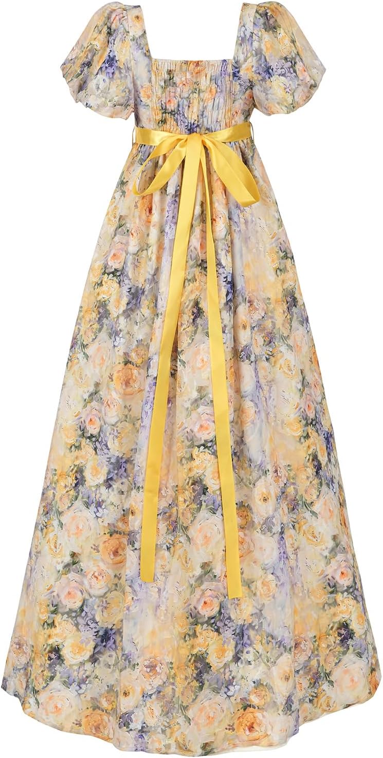 LTAKK Regency Dress Women Regency Costume Empire Waist Tea Party Victorian Gown with Gloves, Sash and Corsage