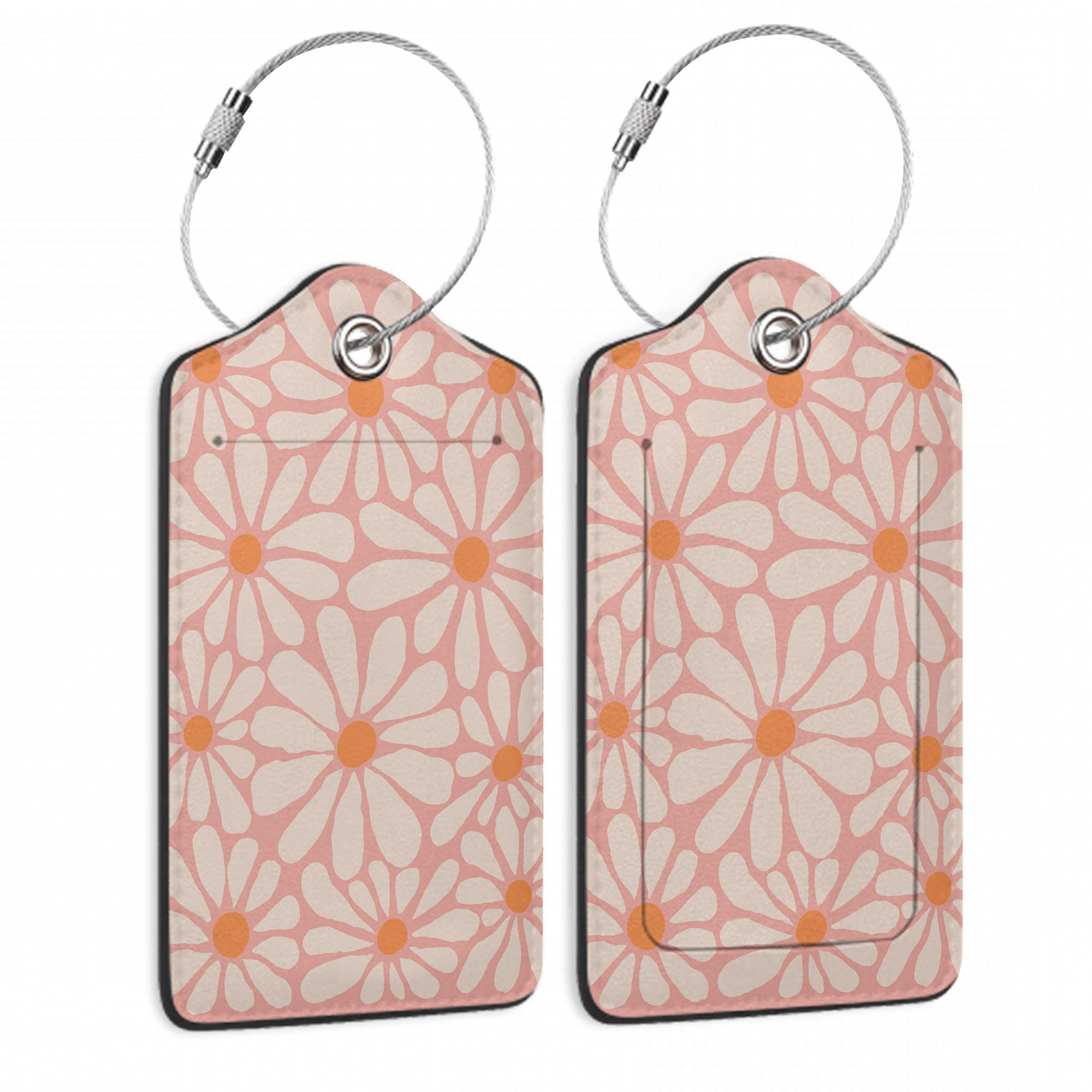 2 Pack Luggage Tags for Suitcase,Pink Daisy Flower Retro Groovy Flowers Leather Luggage Tag Bag Tags Identifiers Privacy Cover Id Label with Steel