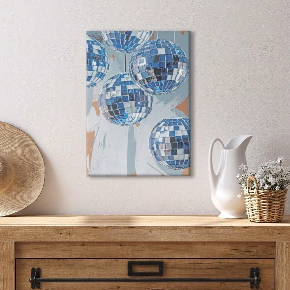 AIHNBF Bola de discoteca azul Lienzo de pared para sala de estar, vibrante pop art decoración de fiesta, imagen moderna de bolas de espejo reflectantes, 50 x 75 cm