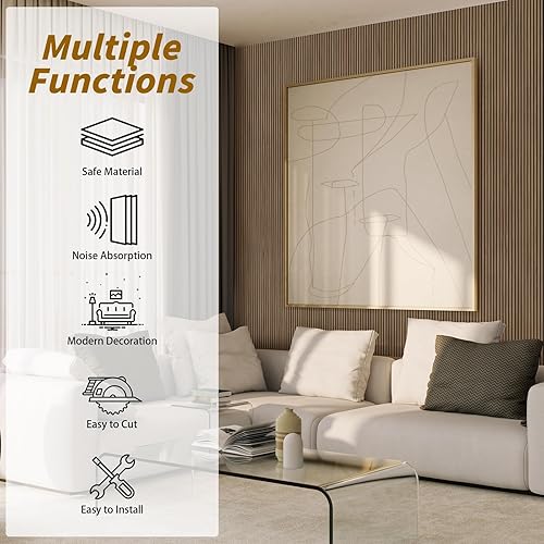 Miniatura 4 de Paneles de pared de madera acústica de 4 piezas para pared y techo, paneles de pared de listones de madera estriada 3D para decoración de pared