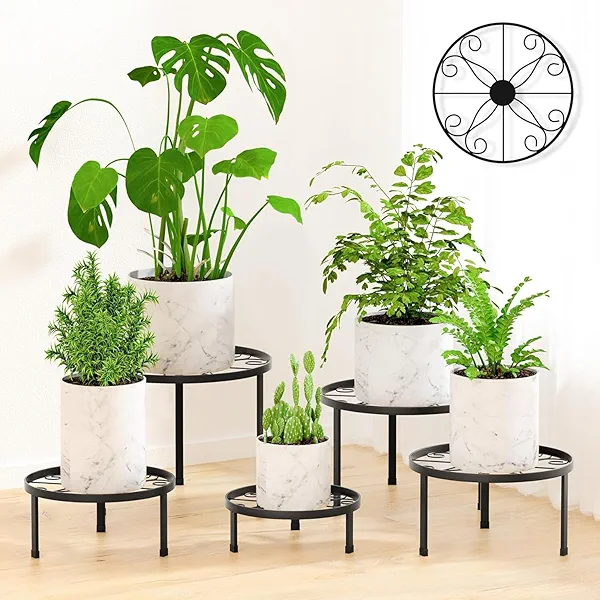 RANRTI 5-Pack Decent Metal Plant Stand Indoor, Assembly Free Plant Stands for Multiple Plants Outdoor, Anti-Rust Flower Display Stand, Corner Plant Shelf for Home Patio Gardening Decor (Black)