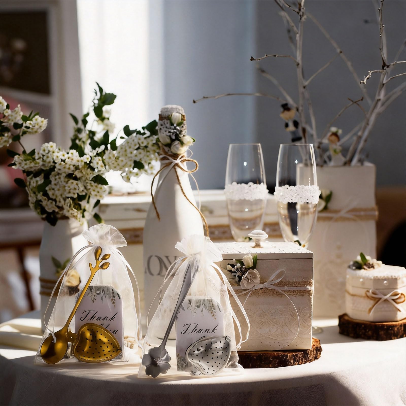 sourcing map Lot de 25 cuillères en forme de cœur avec infuseur en forme de cœur avec carte de remerciement, sac en maille, pour cadeau souvenir de mariage, accessoires de thé, cadeau de retour