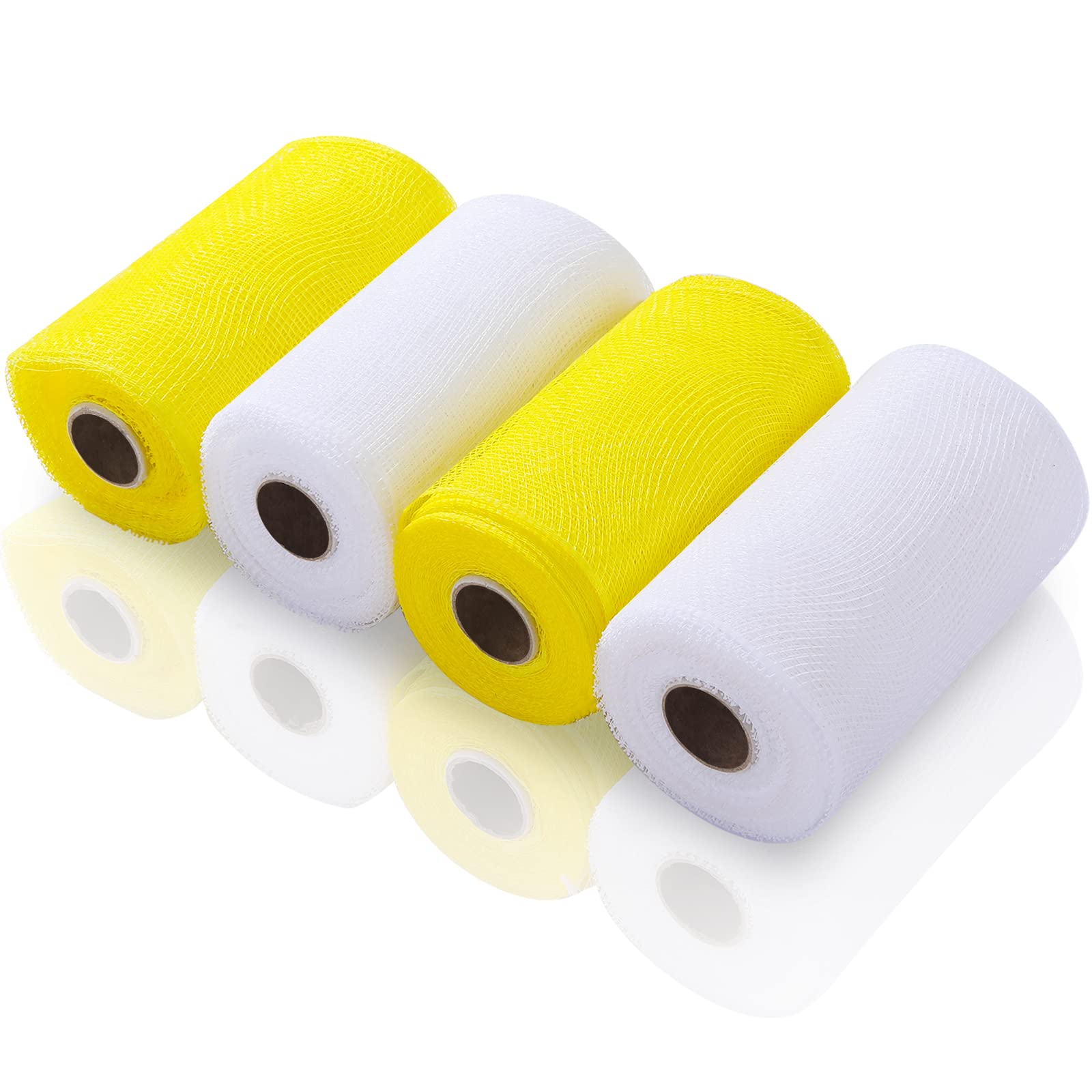 Waydress4 Rolls Easter Deco Mesh Ribbon Wreath Making Supplies Poly Mesh Ribbon Decor for Easter DIY Craft Home Door 30 Feet Each Roll(Yellow, White, 6 Inch Wide)