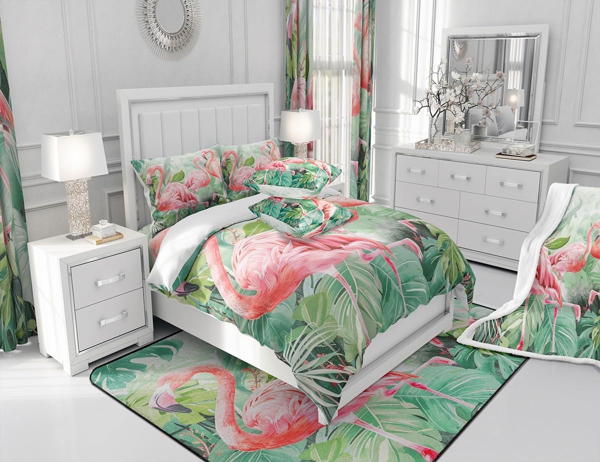 Flamingo Bed Sheet Set Tropical Flamingo Pattern Fitted Sheet for Girls Women Ultra Soft Animal Decor Tropical Palm Leaf Bedding Set Bird Print Bed Cover Room Decor Queen