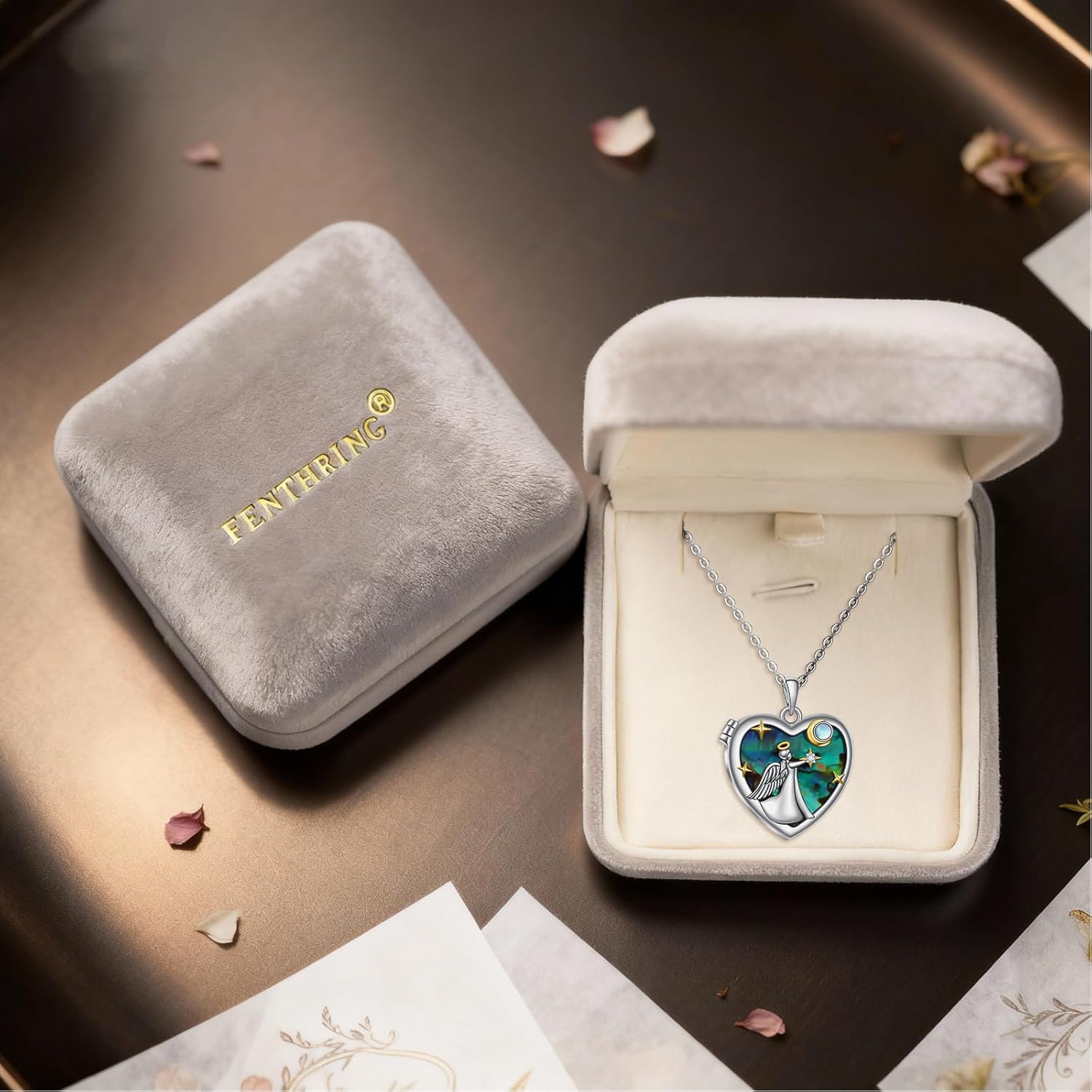 Fenthring Angel Heart Locket Necklace that Holds Pictures Photo 925 Sterling Silver Abalone Pendant Engraved Always in My Heart 20" - Image 5