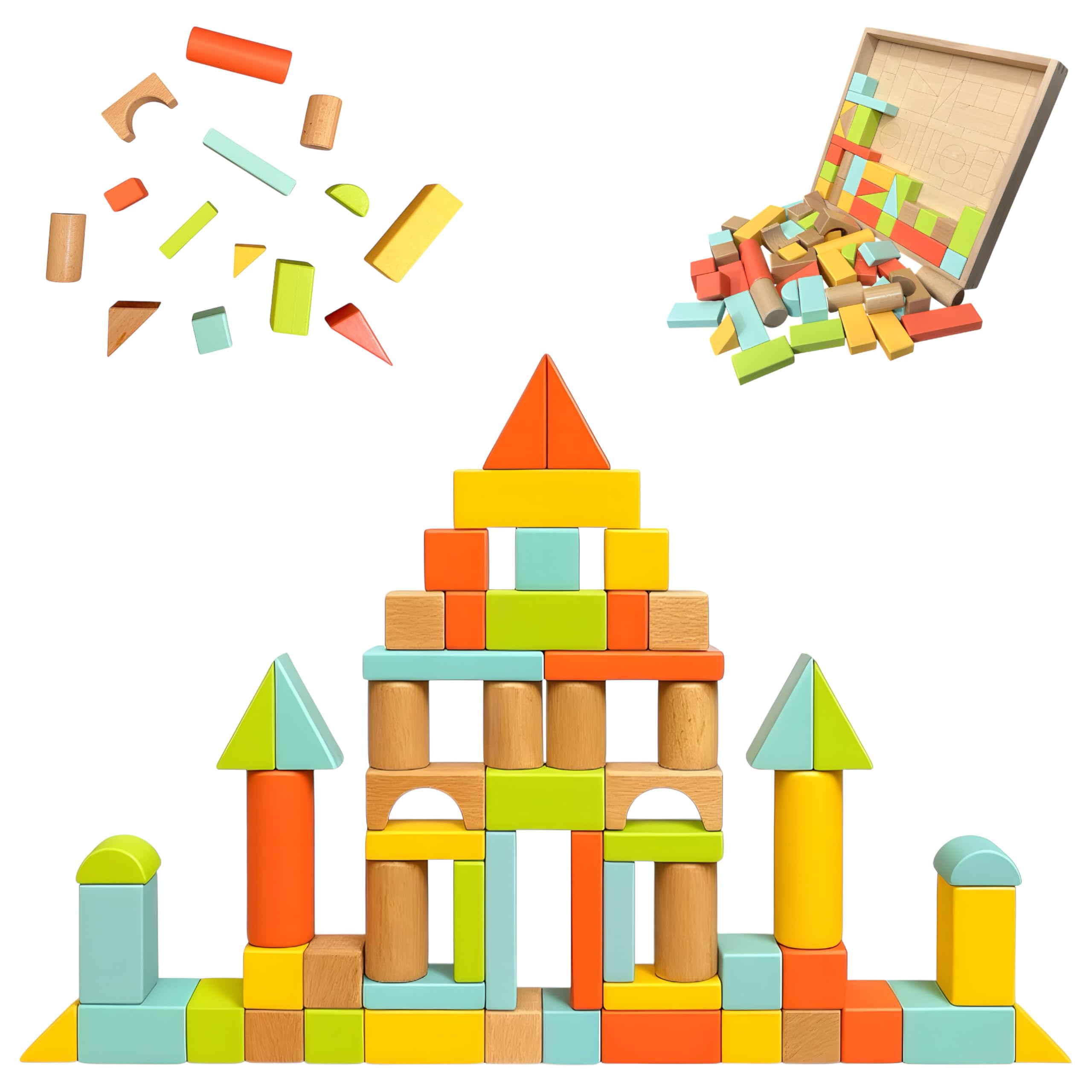 Natural Wood Building Blocks Set, 72 Pastel Color Pieces Castle Construction Blocks with Storage Tray, Educational STEM Learning Toys for Kids, Creative, Screen-Free, Architectural Play System