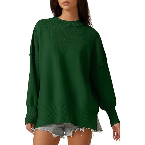 QINSEN Womens Mock Neck Long Sleeve Pullover Drop Shoulder Side Slit Street Tunic Sweater