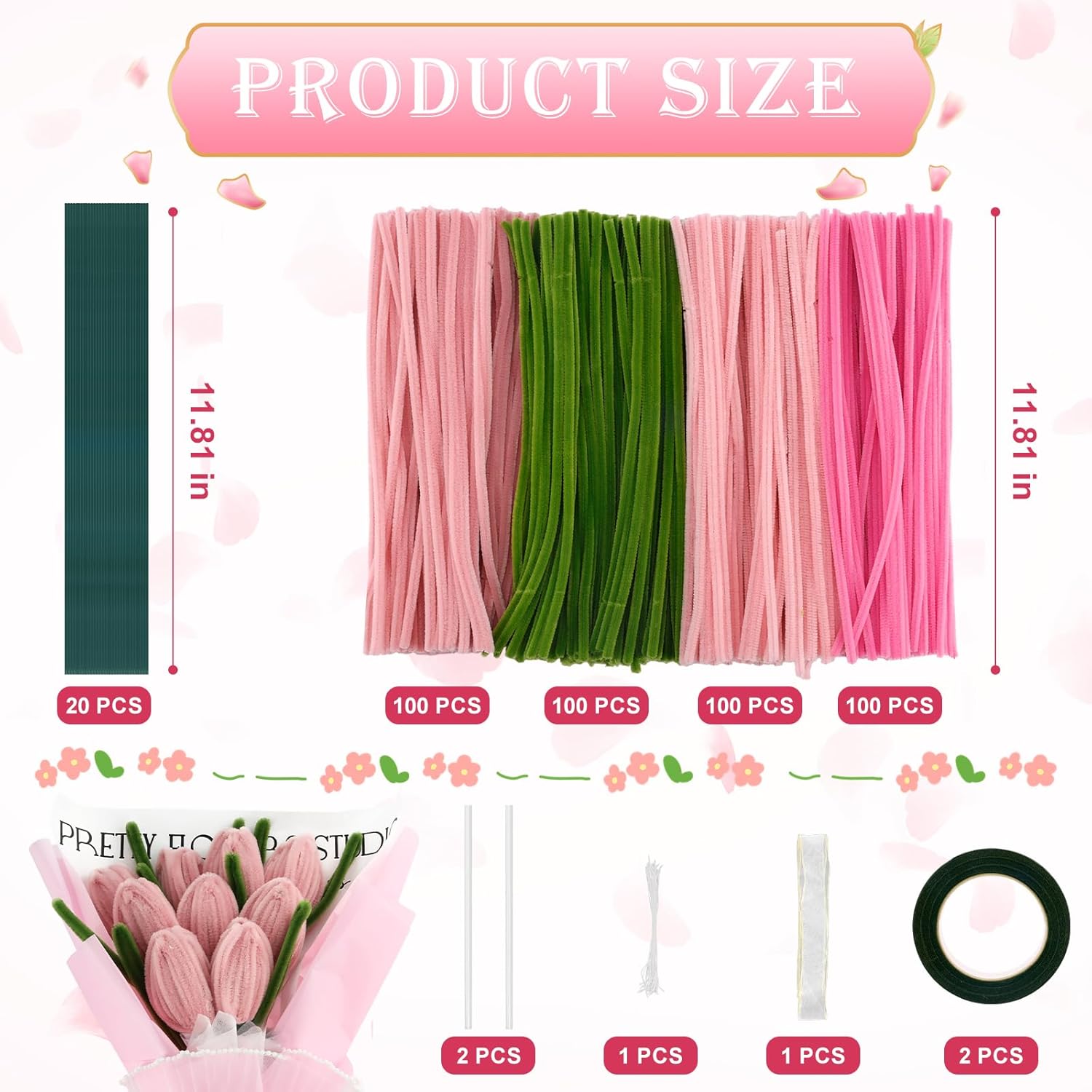 400 Pcs Pipe Cleaners Craft Kit - Bulk Pipe Cleaners for DIY Pipe Cleaner Flowers, Chenille Stems for DIY Flower Making Kit with Floral Wires, Gardening Tape,Stamen& Ribbon (Pink)