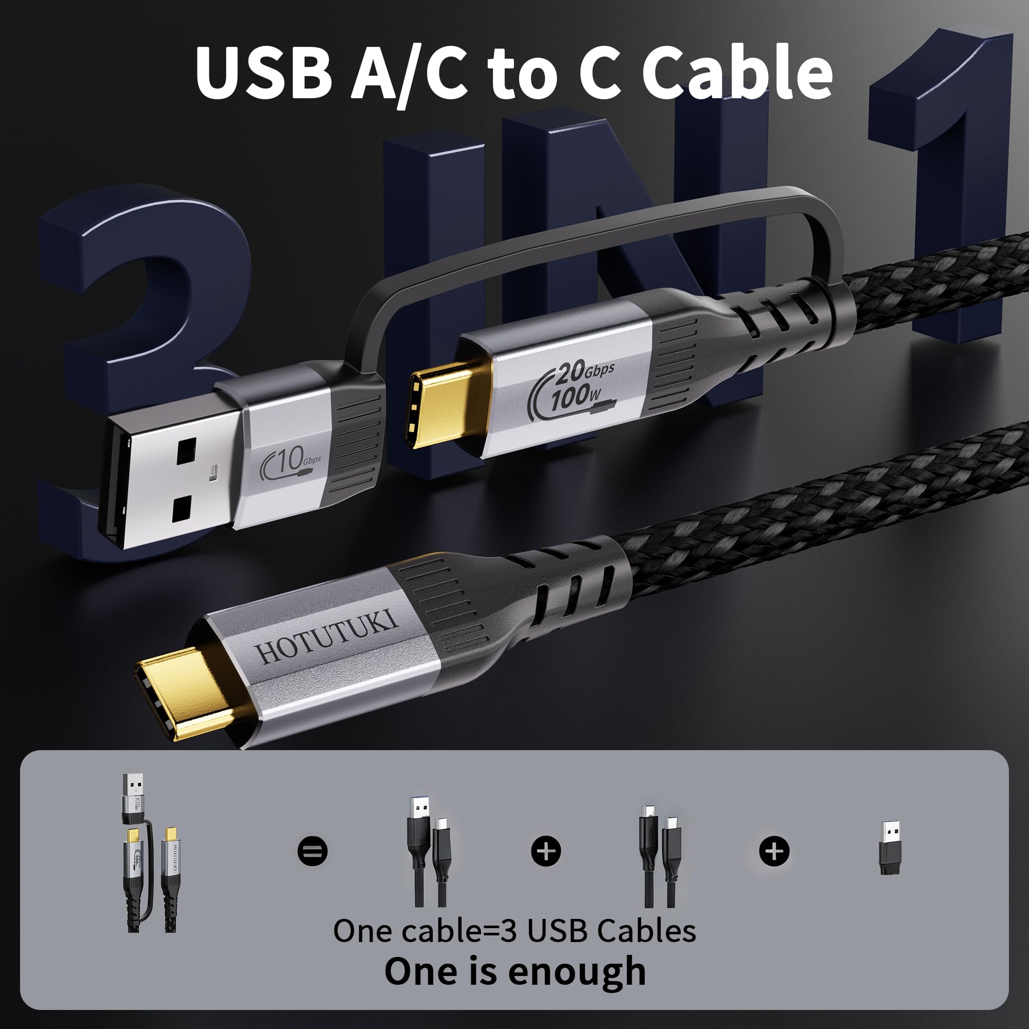 Cavo USB C lungo（5 metri+5 metri） Multifunzione 2 in 1, Cavo USB A a Type C USB 3.2 Gen 2x2 20Gbps, Trasferimento Dati, Video UHD 4K@60Hz, Ricarica Rapida, Compatibile con android auto