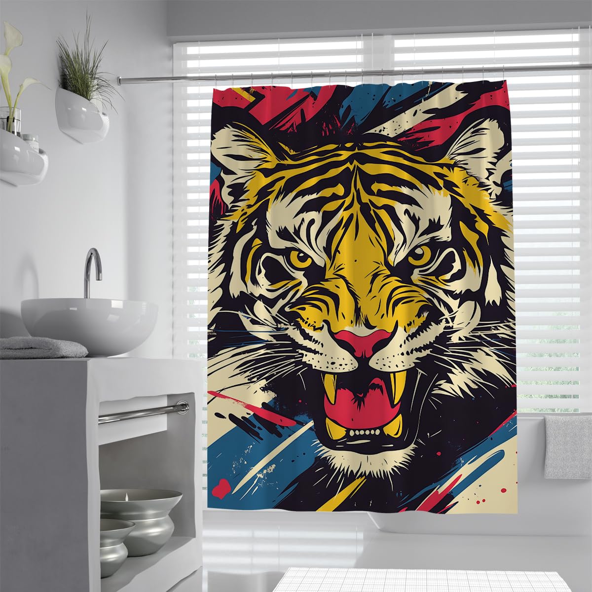 UIRINGART Pop Art Tiger Bathroom Curtain W200xL200cm Vibrant Graffiti Wildlife Print Polyester Waterproof Lightweight Easy To Clean Hotel Bath Curtain with Hooks