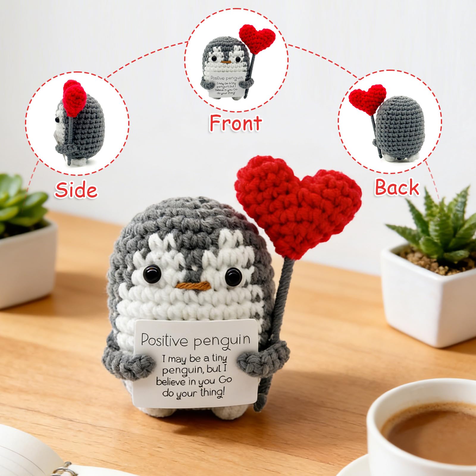 Qubitly Cute Grey Positive Penguin, Handmade Positive Crochet Animals With Card & Red Heart, Funny Crochet Penguin - Image 2