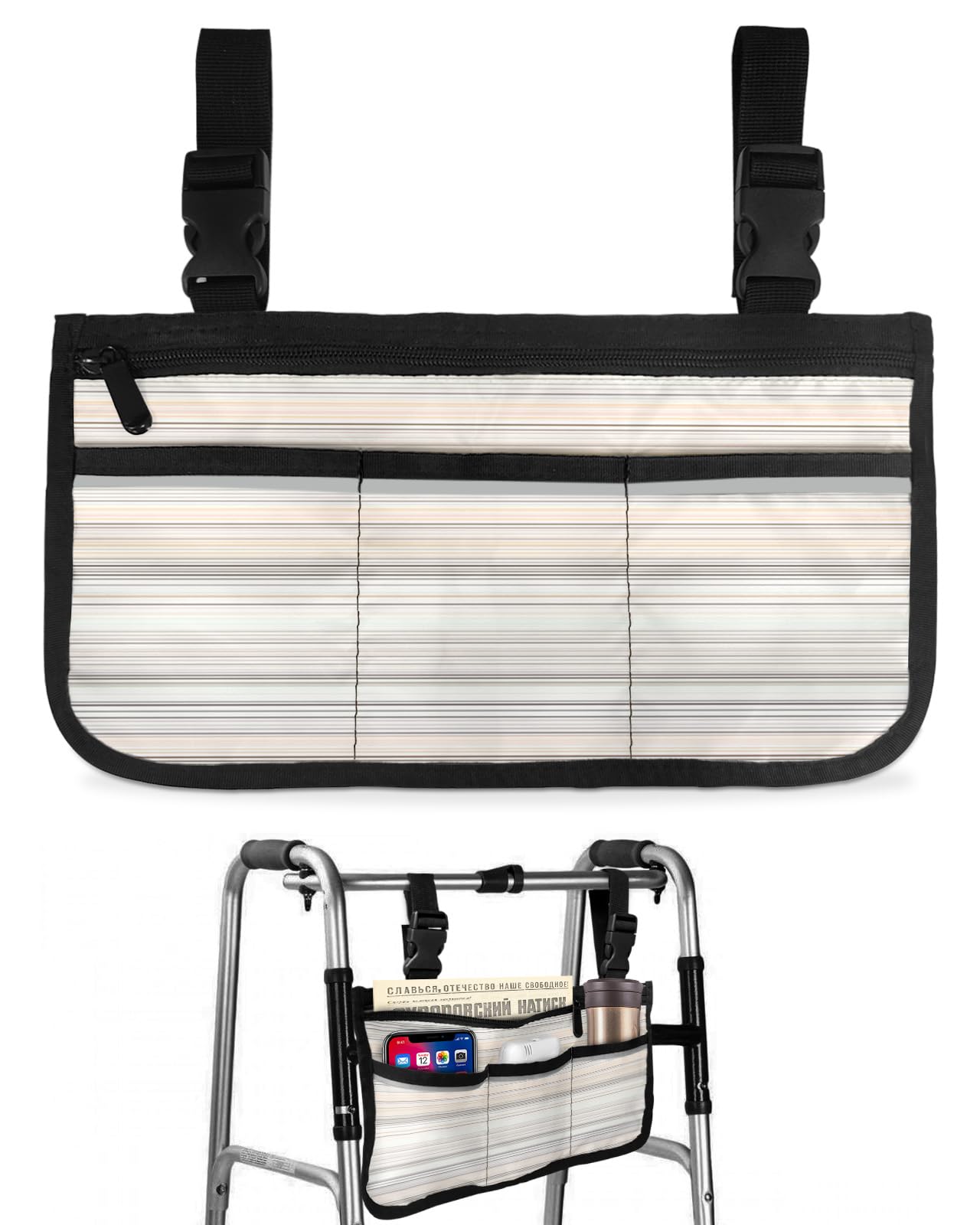 Watercolor Boho Striped Wheelchair Side Bag Walker Bag, Colorful Geometric Lines Wheelchair Accessories Armrest Pouch, Organizer Storage Bag for Walkers, Rollators, Scooters, 7.3''x13''