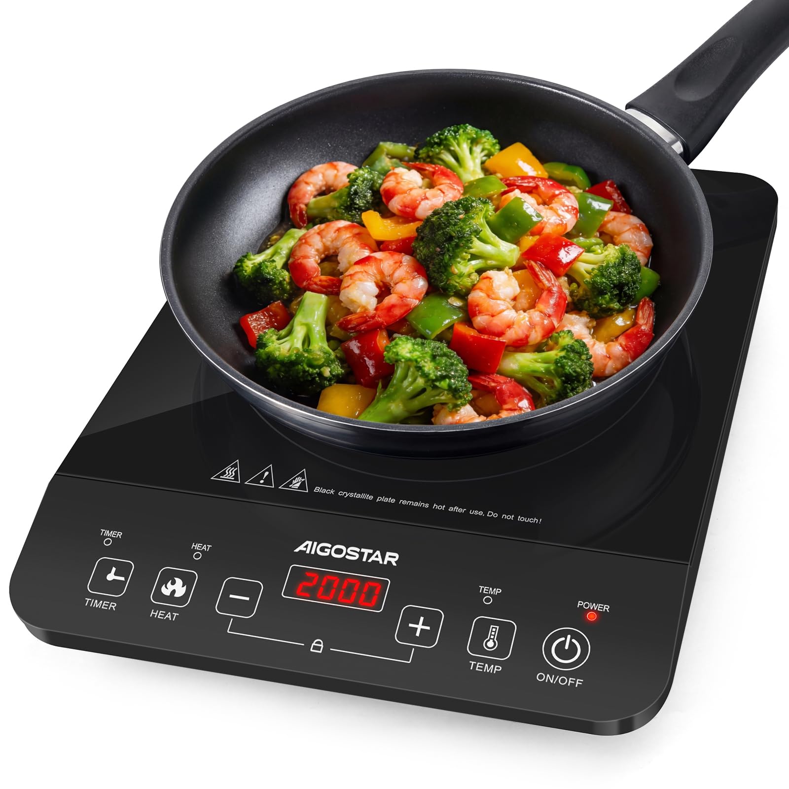 Aigostar Induktionskochfeld 1 Platte 2000W, 10 Leistungsstufen & 10 Temperaturstufen (60-240°C), 3H Timer, Touch-Display, Kindersicherung + Auto-Topferkennung, Ultradünn 5cm induktionsplatte Schwarz