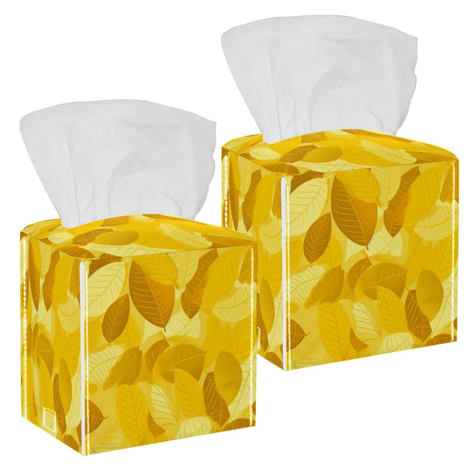 Artistic Leaves Tissue Box Cover, 2 Pack PU Leather Square Facial Tissue Dispenser Box holder for Home Office Car