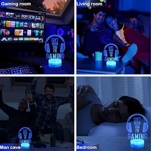 Miniatura 6 de Can't Hear You I'm Gaming - Luz nocturna para niños y niñas, lámpara de ilusión 3D, auriculares inalámbricos con 7 colores cambiantes, táctil y