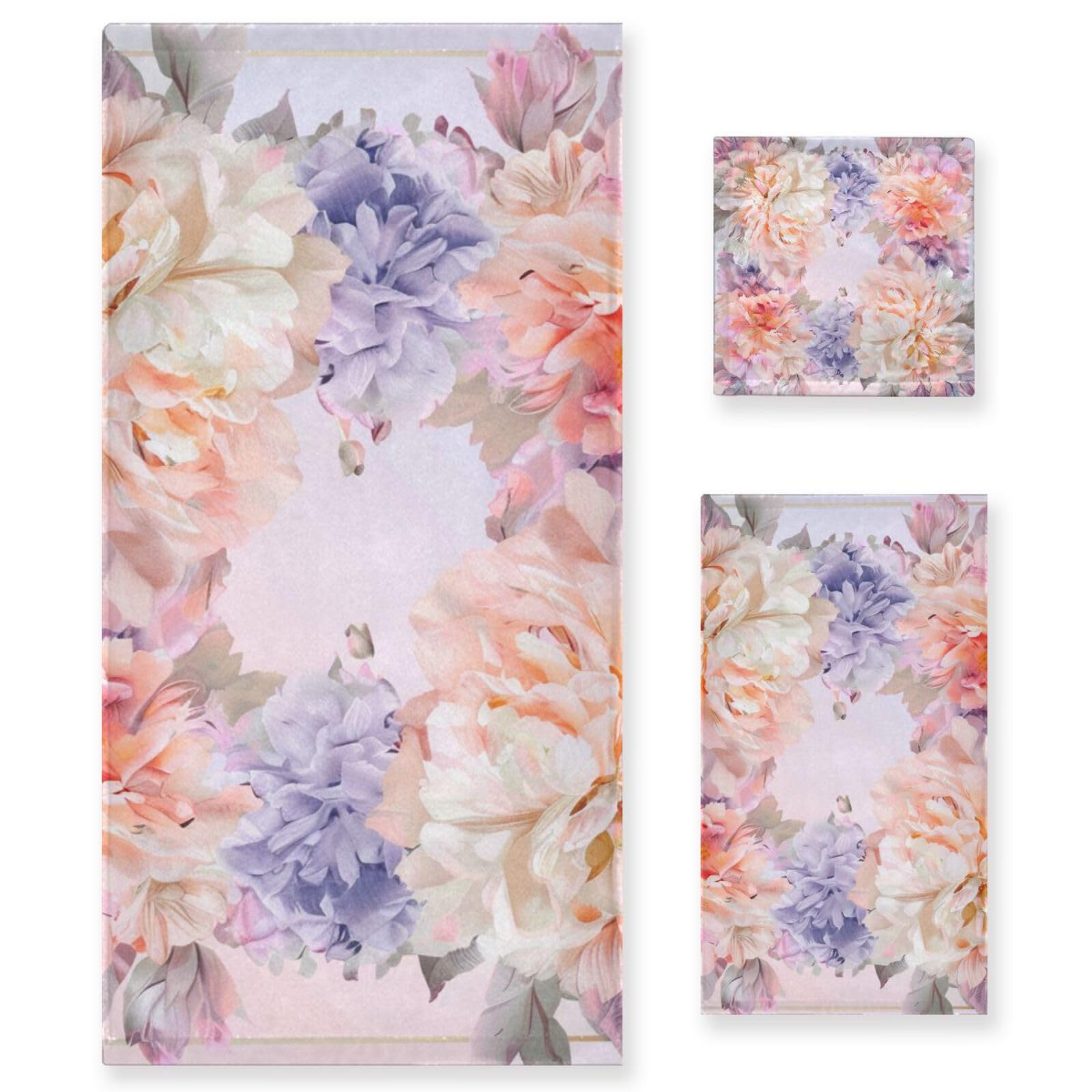 Set di 3 asciugamani da viso con fiori di peonia e fiori di peonia, ad asciugatura rapida, 1 asciugamano da bagno, 1 asciugamano per le mani, 1 panno per la casa, la cucina e la famiglia