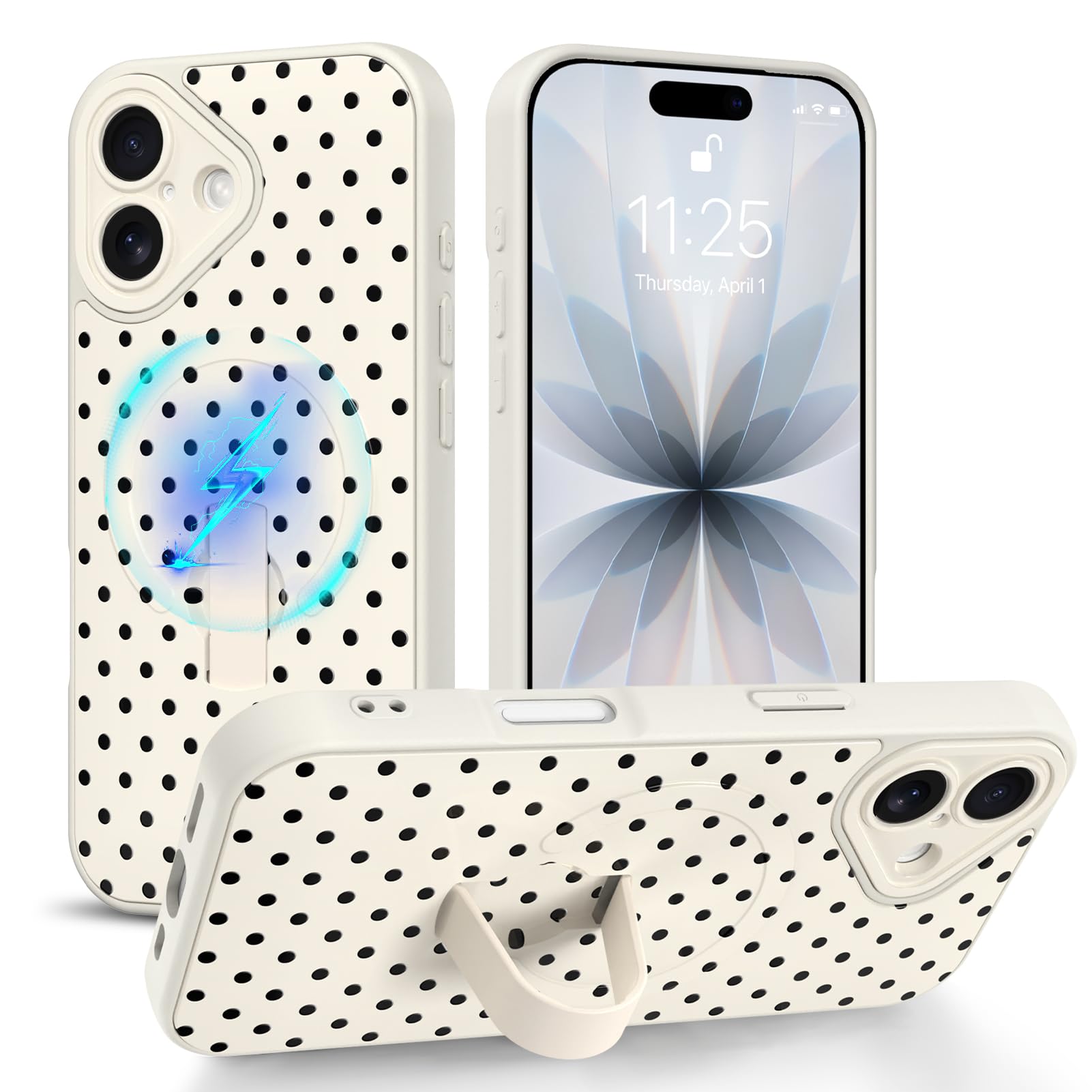 Coque résistante aux chocs iPhone 16 avec cordon anti-chute à pois