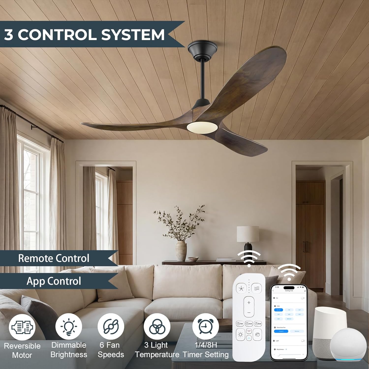 36 Inch Smart Ceiling Fan with Lights, Indoor Outdoor Ceiling Fans 3 Wood Blades, 6 Speeds Dimmable Quiet DC Motor, Remote/Alexa WiFi App Control, Modern Low Profile for Small Bedroom Patio Office