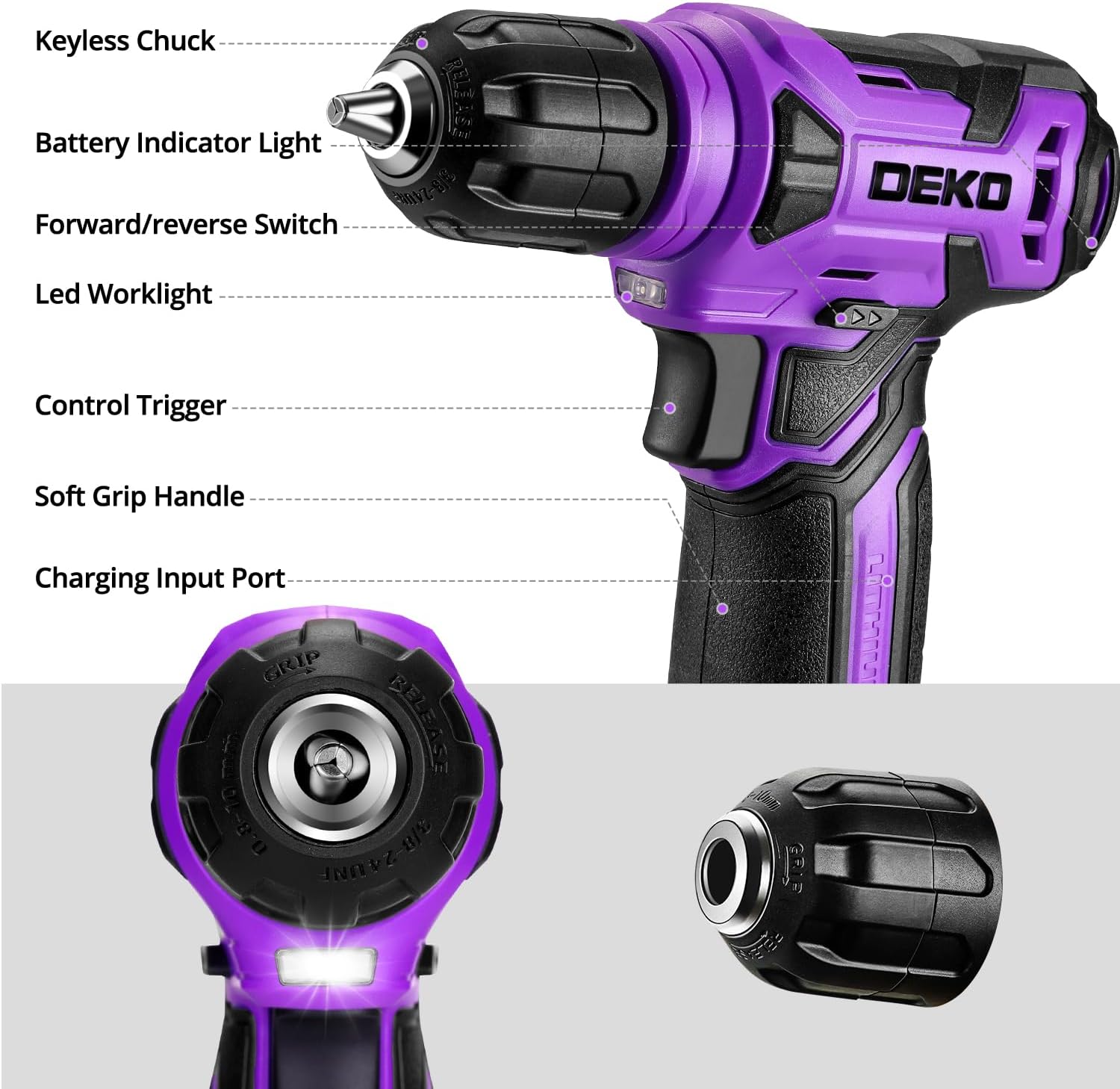 Tool Set: Tool Kit with 8V Cordless Drill, Hand Toolbox with storage case, Tool set for Home Repairs 126 Piece, Purple