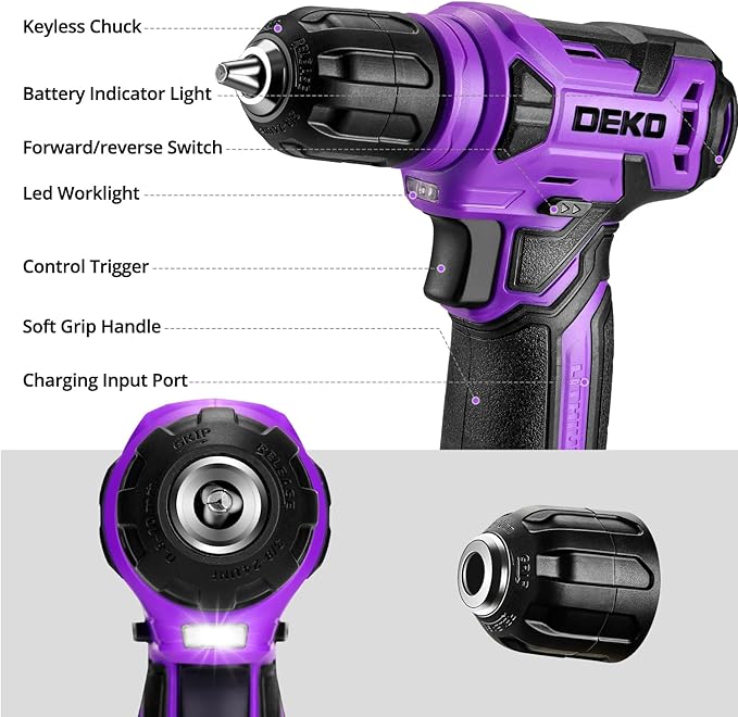 Kit de Herramientas DEKOPRO 126 Piezas con Taladro Inalámbrico 8V, Color Púrpura miniatura 4