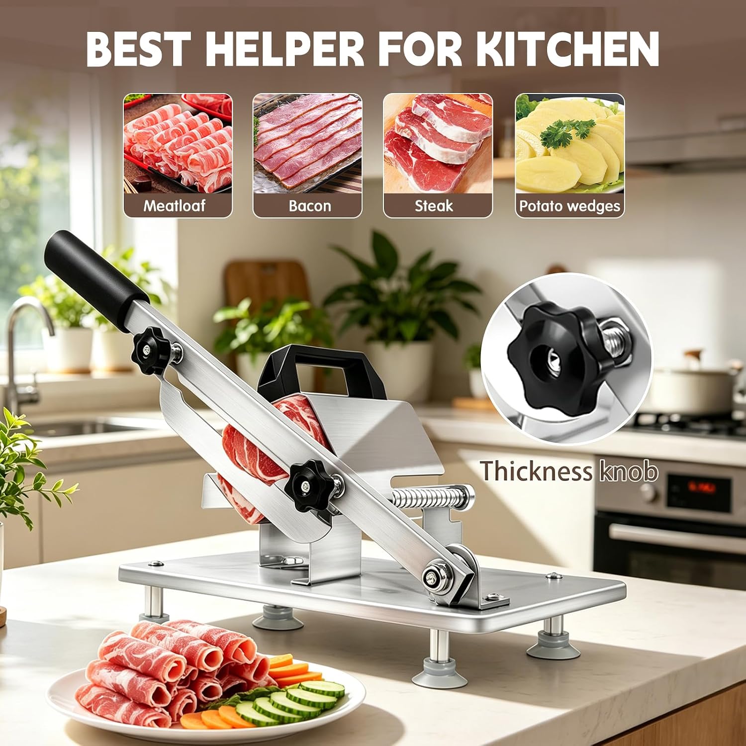 Manual Meat Slicer Frozen Meat Cutter Upgraded Stainless Steel Meat Cleavers Beef Mutton Roll Slicing Machine Vegetable Meat Slicer for Home Cooking Hotpot Shabu CNH2(Silver,16.7"x6.7")