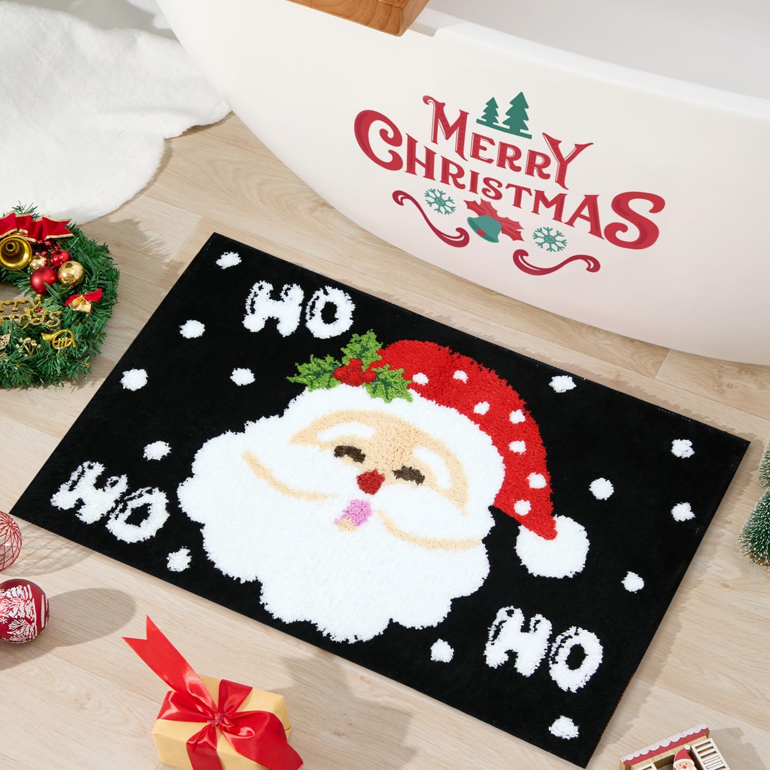 Christmas Bathroom Rugs, Cute Santa Claus Black Soft Absorbent Bath Mat, Non Slip Merry Christmas Shower Mat for Bathroom Decorations, 20" x 32"