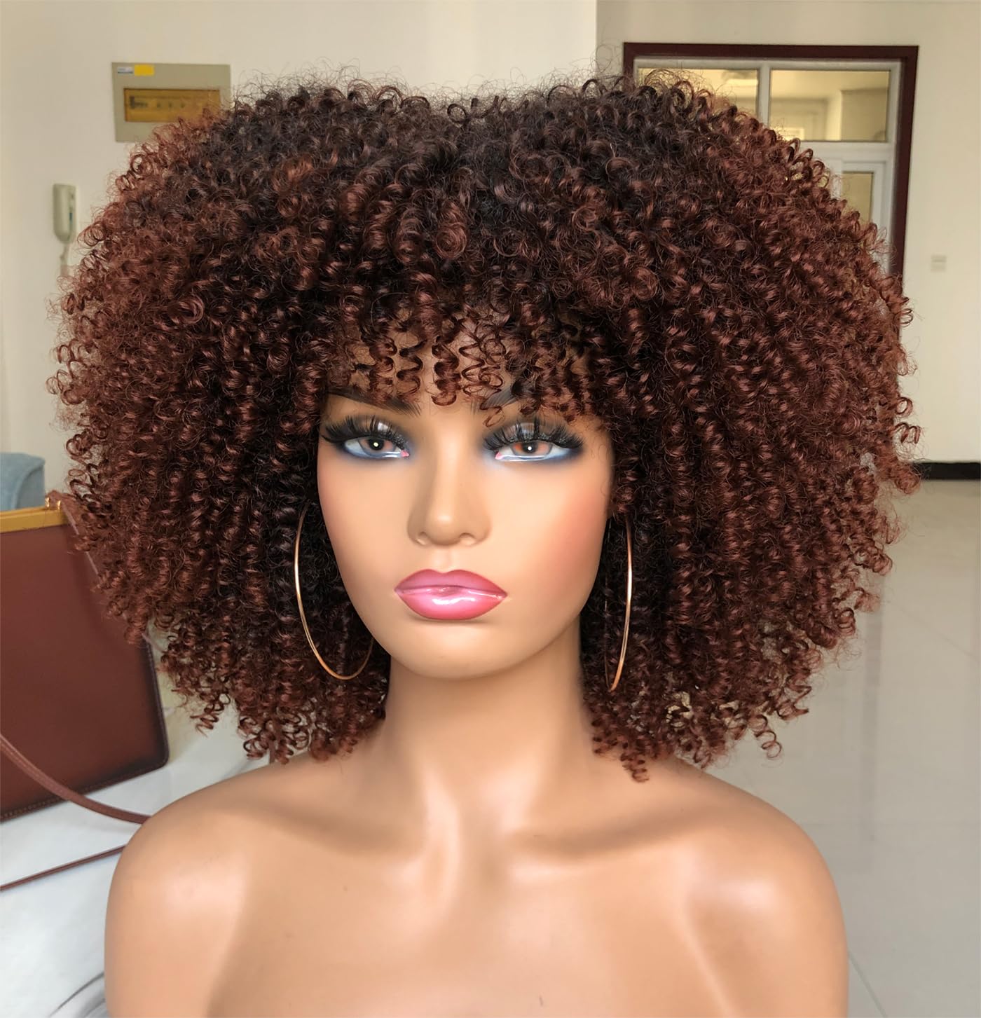 ISAMY 14inch Afro Bomb Curly Wigs for Black Women Short Afro Kinky Curly Wig with Bangs Full Curly Wig (Dark Brown) - Image 3