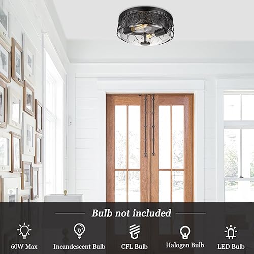 Miniatura 4 de Lámpara de techo industrial empotrada, cerca de techo con jaula de metal negro, lámpara de techo de 2 luces con vidrio de burbujas para cocina,