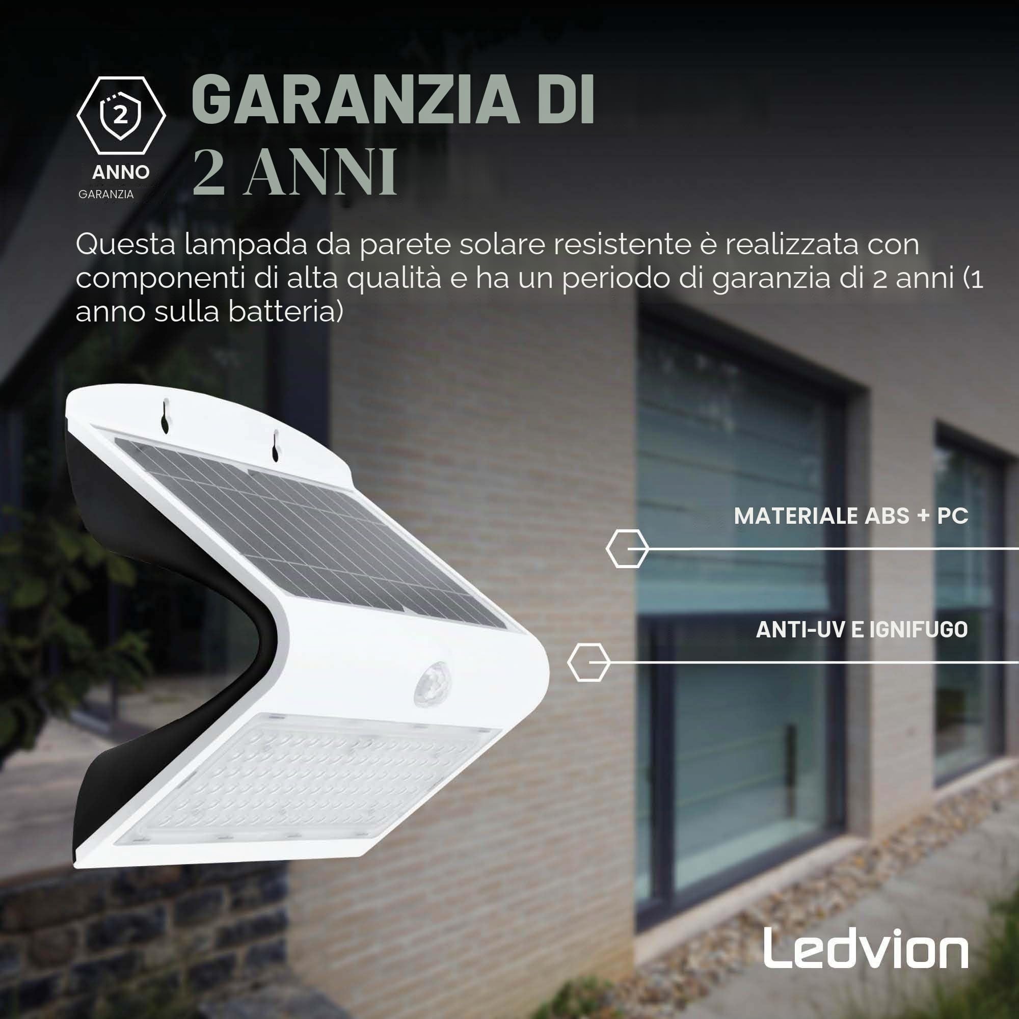 Ledvion - Lampada Solare LED Moderna da Parete, 8W, 3000K, IP65, Bianca, 220 Lumen, con Sensore di Movimento, Energia Solare, Efficienza Energetica & Resistente alle Intemperie