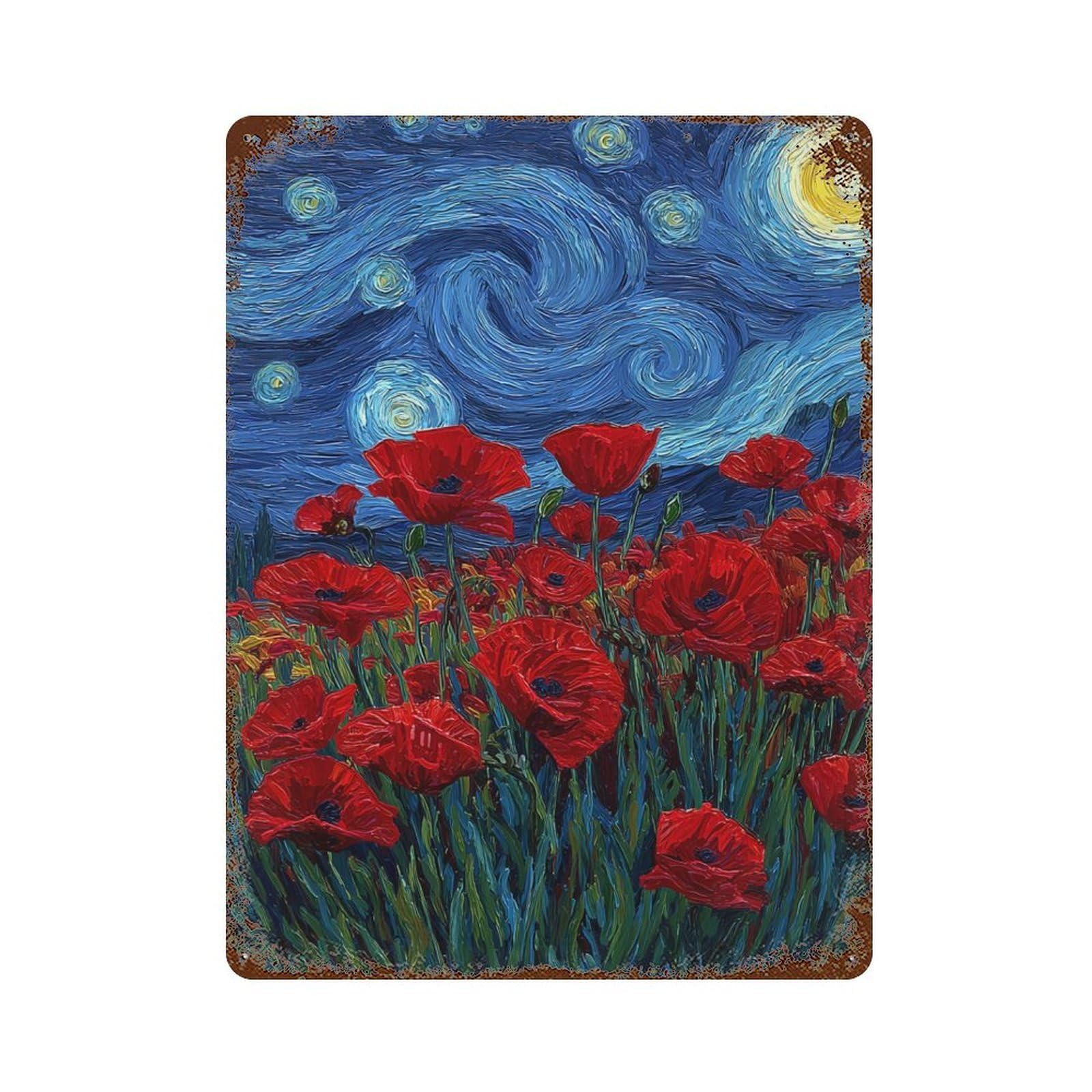 Starry Night Poppies Canvas Print -1 Decorative Tin Sign 15.7"x11.8", for Bistro, Counter And Cafe Decor, Novelty Wall Decor
