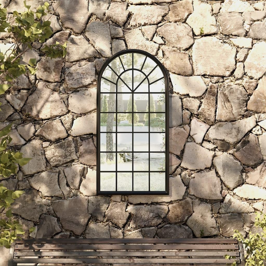 Espejo de jardín negro de hierro con efecto oxidado, 90 x 45 cm, espejo de pared para exterior, espejo decorativo con marco de cristal para decoración de jardín y reflexión de la luz
