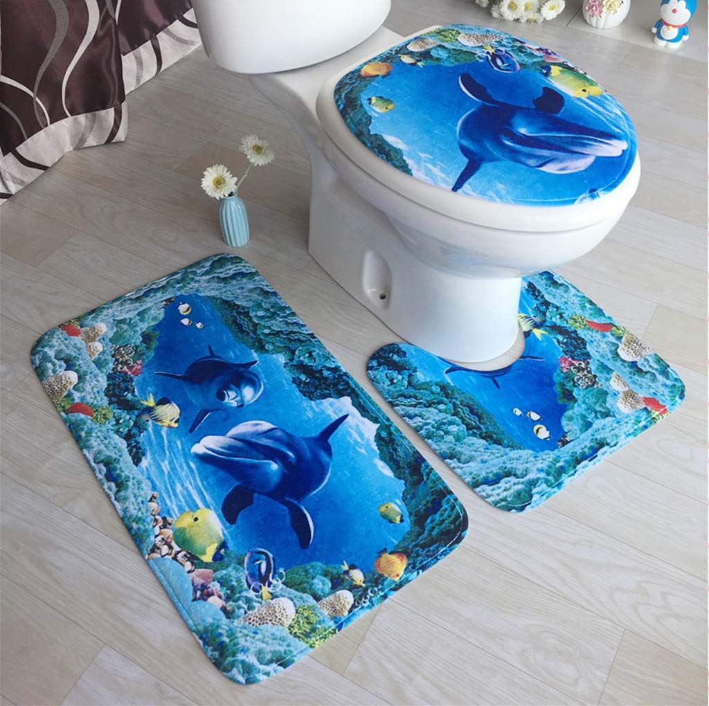 Tapis de sol en trois pièces imprimé flanelle salle de bains tapis WC 3D absorbant