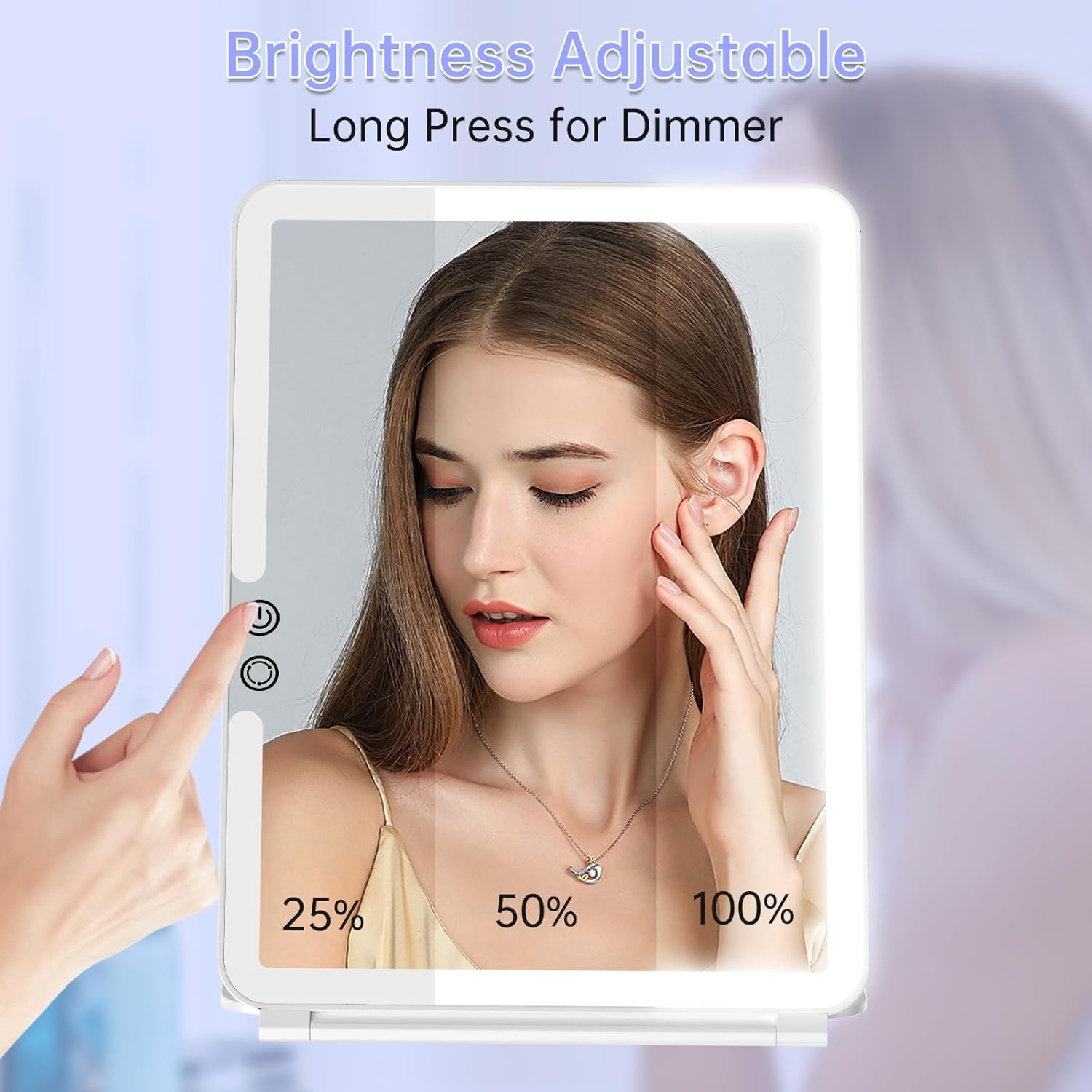 FUNTOUCH 1800mAh Rechargeable Large Travel Makeup Mirror with Lights, 10x7.5 Portable Lighted Makeup Mirror with 3 Color Lights, Dimming Folding Light Up Travel Mirrors with 10X Magnifying Mirror