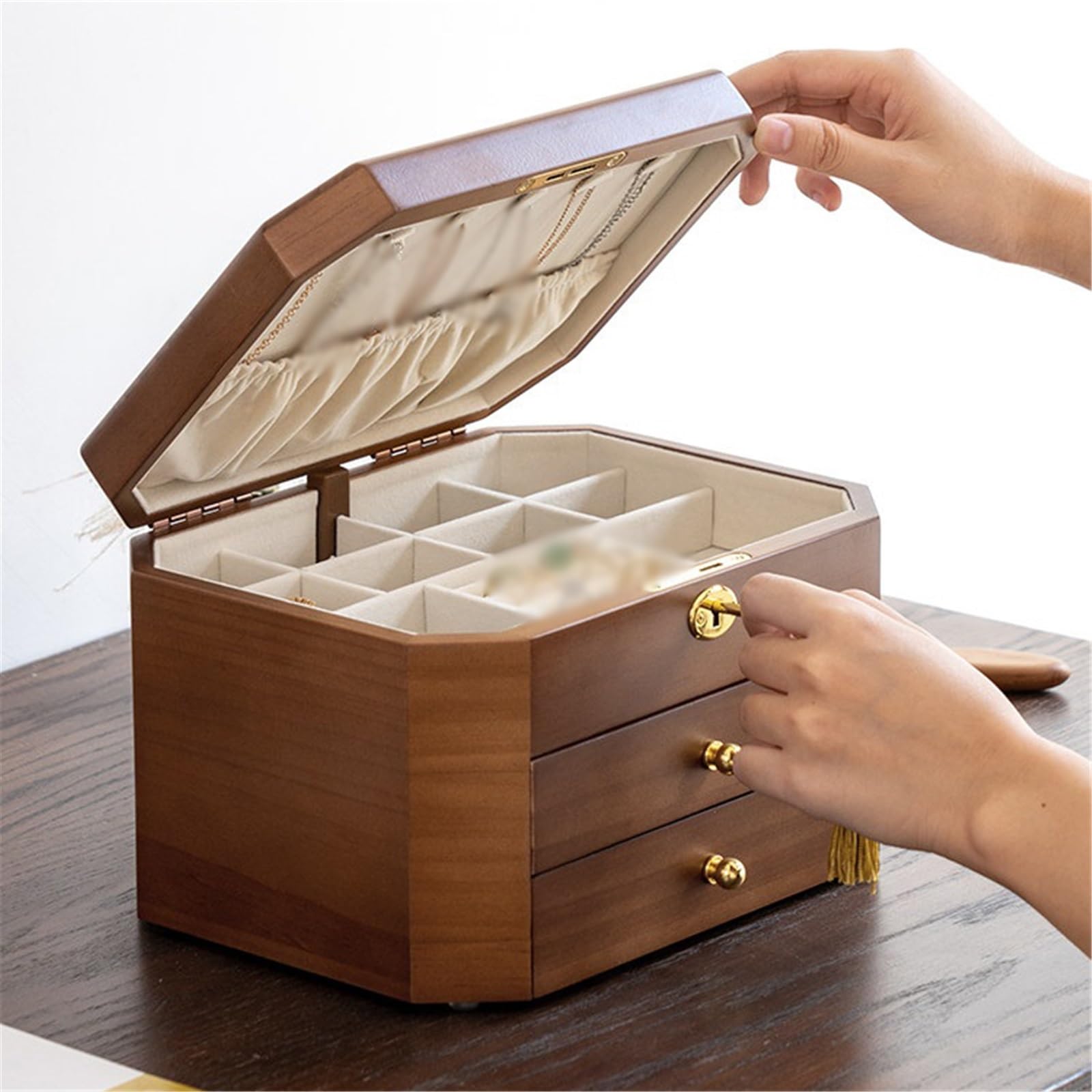Soporte de joyería Caja de almacenamiento joyería madera vintage hexagonal