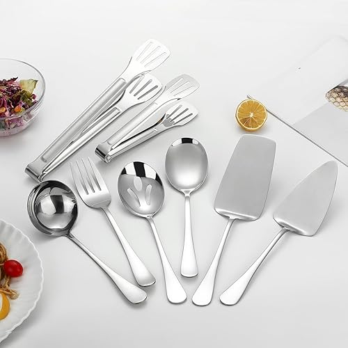 Miniatura 4 de Utensilios grandes para servir, juego de 8 piezas de acero inoxidable, incluye cucharas de servir, tenedor de servir, cucharón de sopa, pinzas para