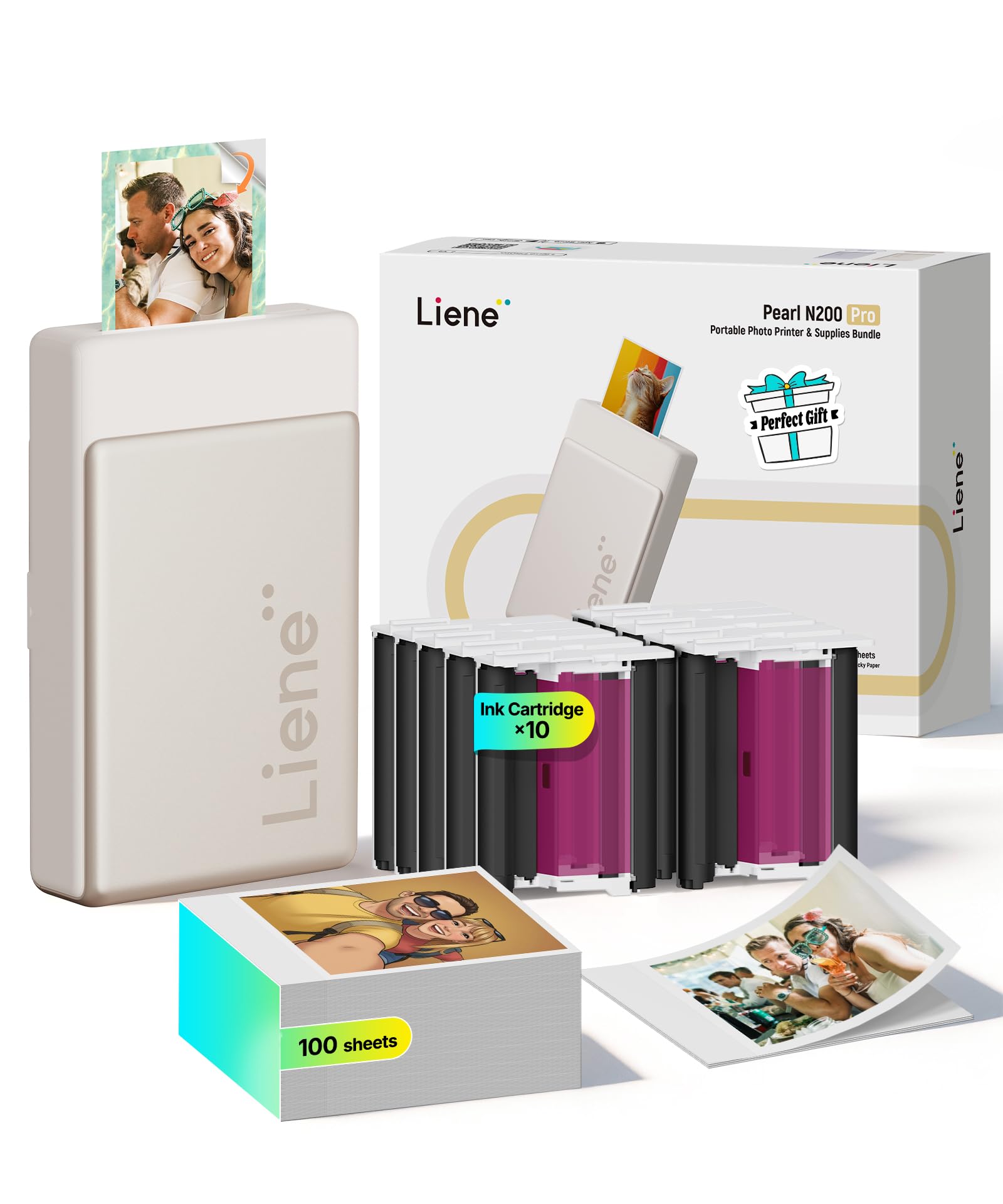 Liene Pearl N200 Pro Plus Tragbarer Mini-Fotodrucker Farbsublimation Bluetooth 300 DPI Sofortbilddrucker iPhone Android Gold