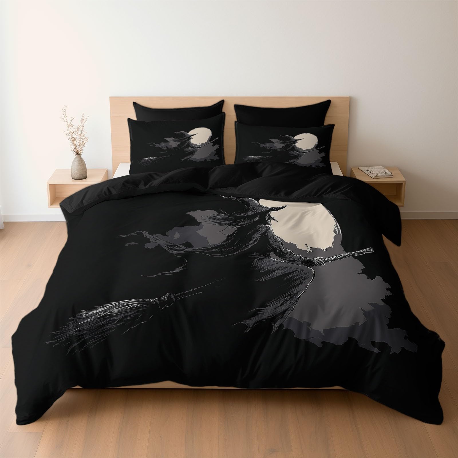 Housse de couette noire sans repassage à fermeture éclair motif sorcière