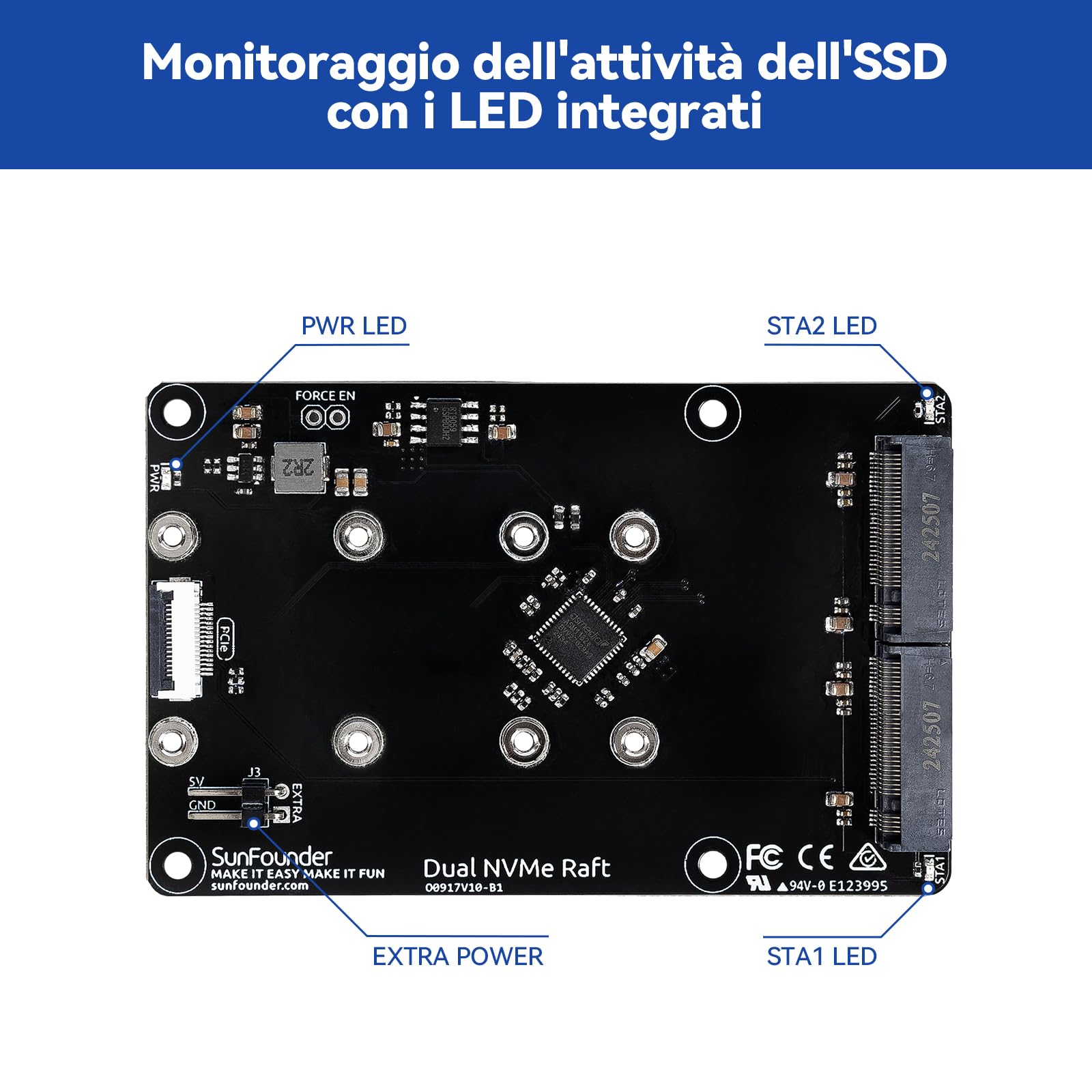 SUNFOUNDER Dual NVMe Raft per Raspberry Pi 5 PCIe Gen 2.0 a M.2 HAT Key-M SSD Hailo-8L AI Accelerator PIP M.2 2230/2242/2260/2280, NAS RAID 0/1, indicatori LED, manuale