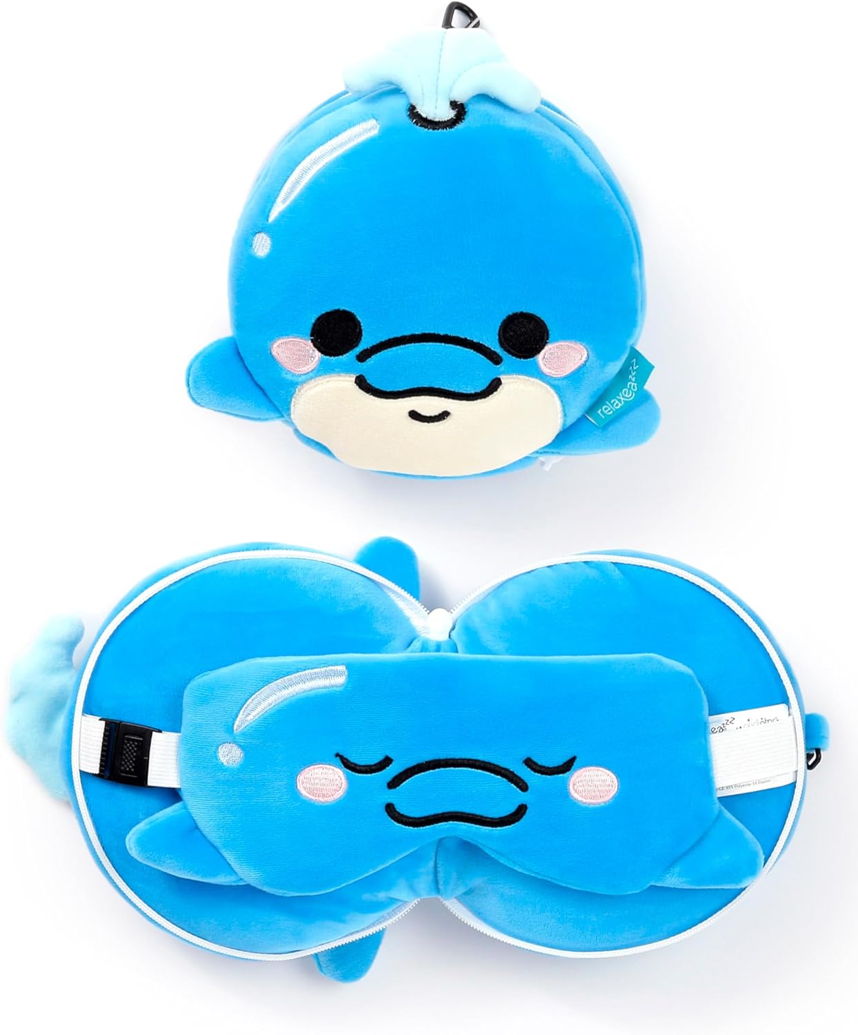 Puckator Relaxeazzz Travel Pillow with Mask – Blue The Dolphin the Otter – Soft Animals, Multi-Coloured – Multi-Coloured