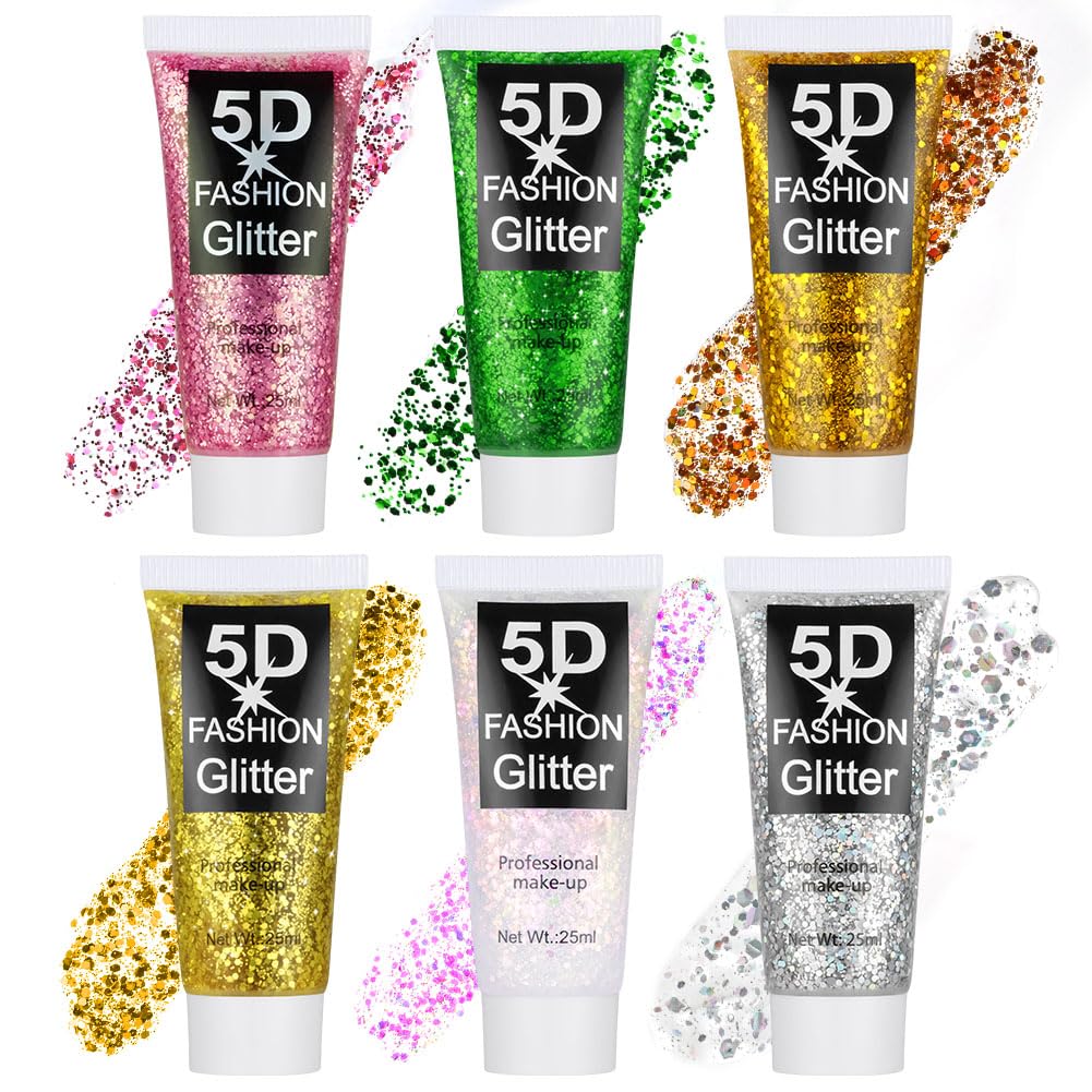 Body Glitter Gel, 6 pcs Festival Glitzer Gesicht, Sequins Chunky Glitter | Glitter Liquid Gel 25 ml, Meerjungfrau Pailletten Funkelnde (Goldgelb + Gold+ Transparentes Rosa+ Silberweiß+ Grün+ Rosa)