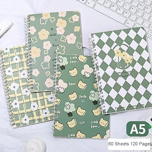Miniatura 2 de Paquete de 4 cuadernos en espiral tamaño A5 kawaii con diseño de flores y osos, 8.3 x 5.9 pulgadas de grosor, tapa dura, de plástico, con forro de