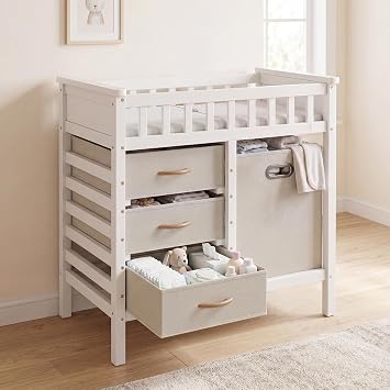 INFANS Wooden Baby Changing Table with Comfy Changing Pad, 3 Fabric Drawers, Laundry Hamper, Safety Belt, Diaper Station Dresser for Nursery Infant White