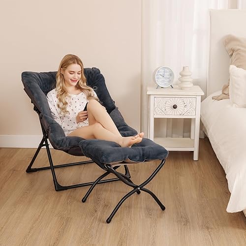 Miniatura 4 de Cómoda silla platillo para adultos, silla de dormitorio de piel sintética suave con otomana, sillas de dormitorio decorativas, sillas de lectura