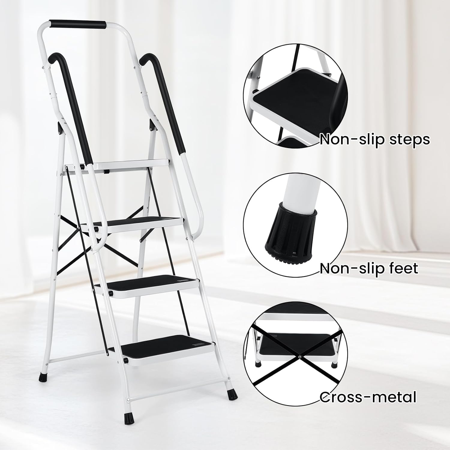 FAHKNS 4 Step Ladder with Handrails, Portable Folding Step Stool with Safety Lock, Sturdy Steel Step Ladder 4 Step Folding, 330LBS Capacity Ladders for Home Library Garage Office, White