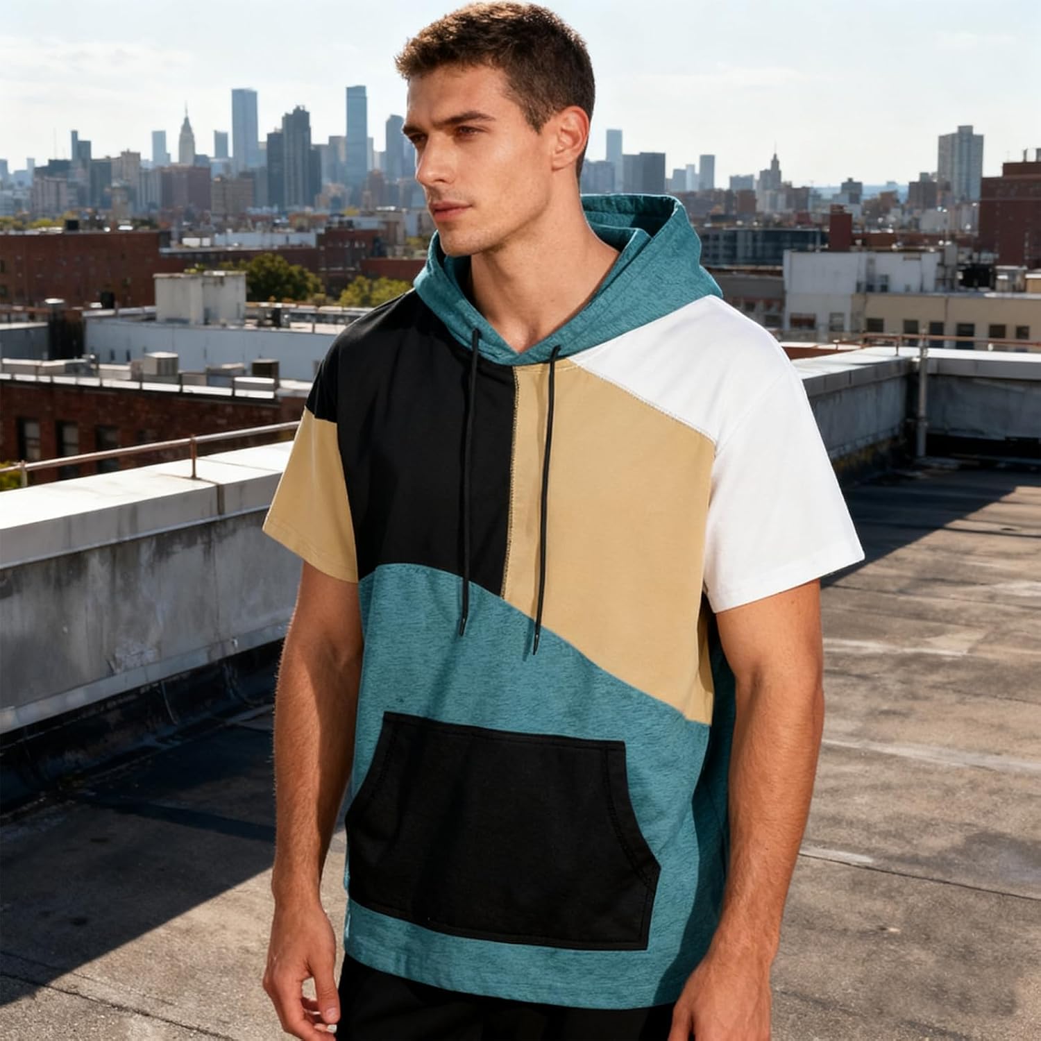 Mens Short Sleeve Hoodie Soft Cotton Color Block T-Shirt Sweatshirt Big Pocket Half Sleeve Summer Pullover - Image 4