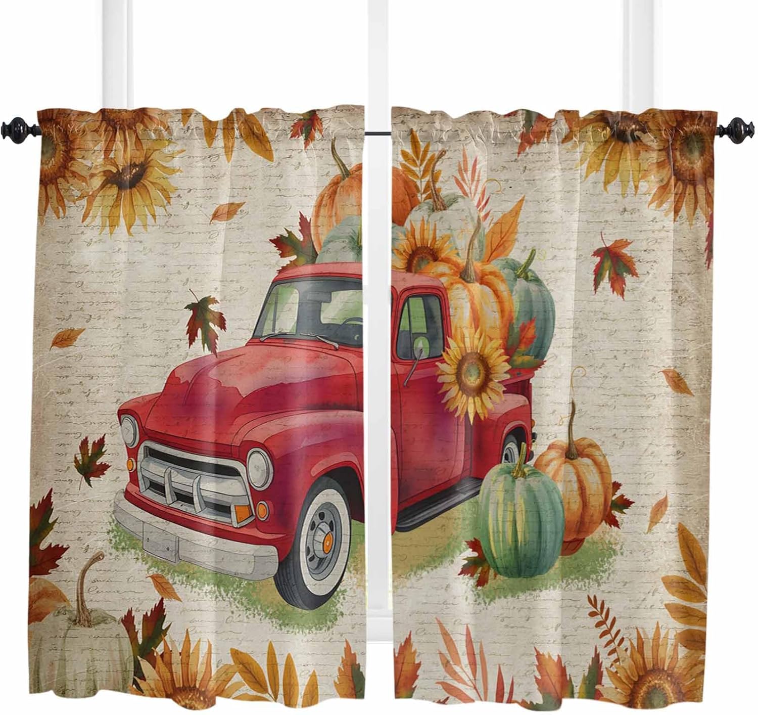 Red Truck Fall Kitchen Curtains, Pumpkins Thanksgiving Sunflower Retro Botanical Light Filtering Window Curtain, 2Pcs Rod Pocket Window Treatments Set for Living Room Bathroom Bedroom 42x63 Inches
