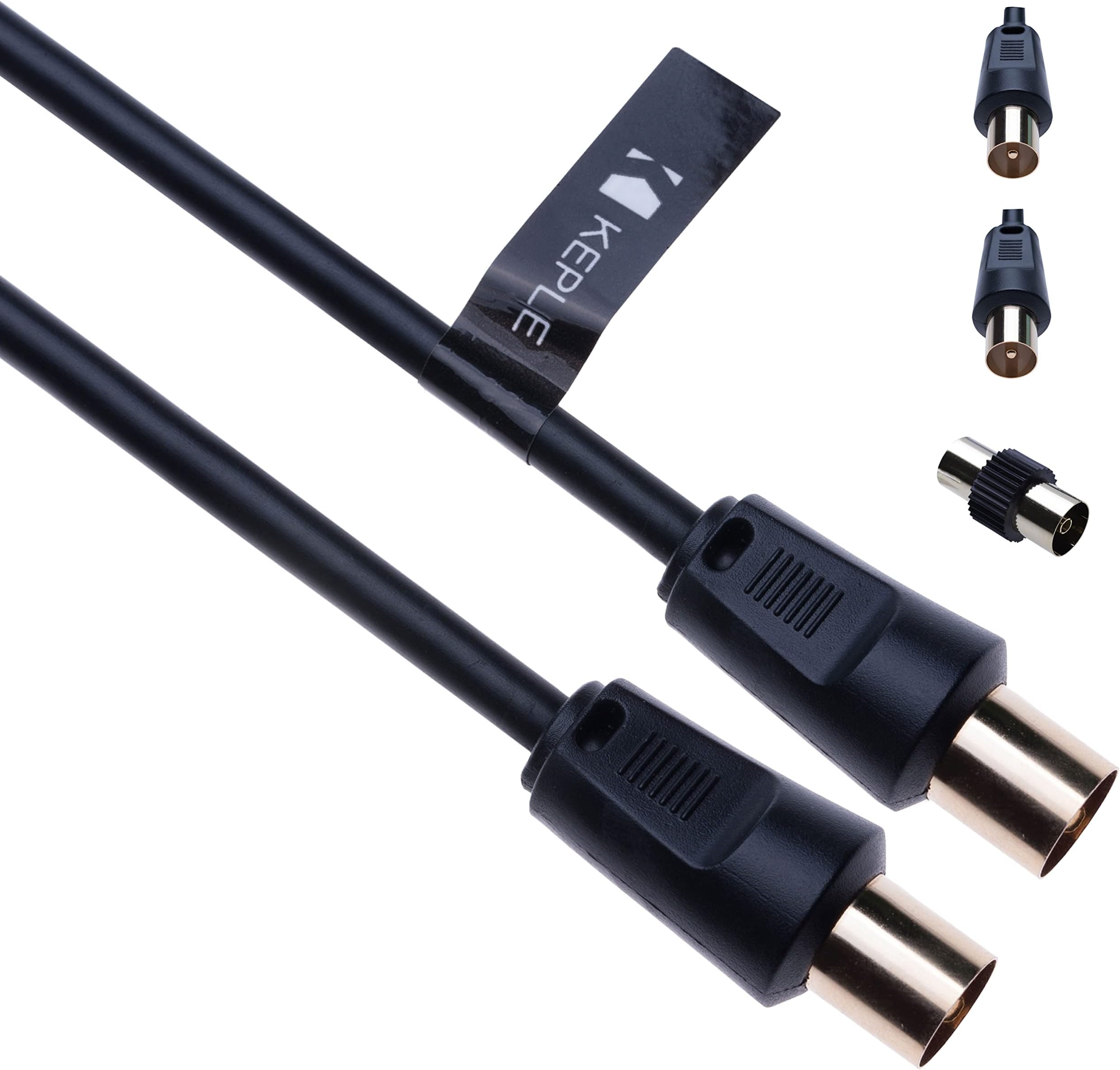 Keple TV Aerial Ariel Cable Coaxial Extension Lead Freesat Recorder Male to Male Plug with Female Adapter Coupler for TV DVD VCR SKY Virgin, BT, TV Box, Satellite Antenna Splitter Black 2m