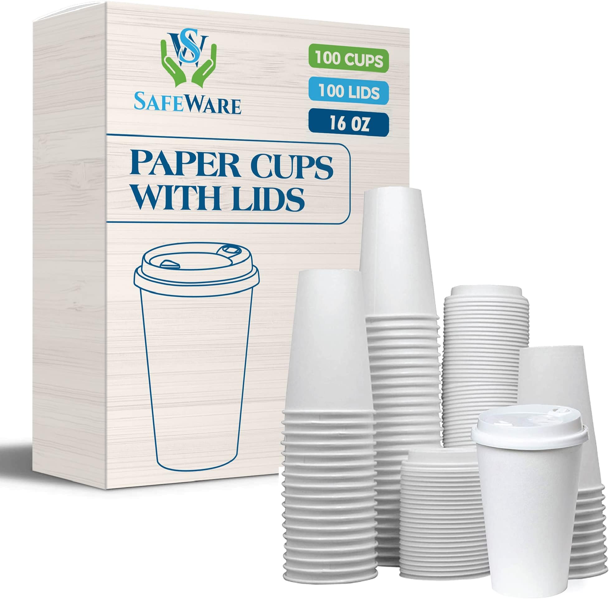 SafeWareDisposable Coffee Cups with Lids 16 oz (100 Set) - To Go Coffee Cups, | Hot Beverages | Expresso | Tea | Coffee | Latte | Hot Chocolate - Poly- Coated with Rolled Edge