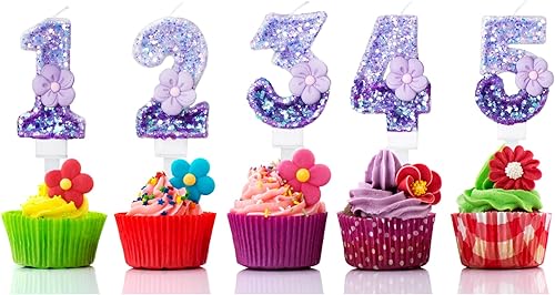 Miniatura 7 de Velas número 0, velas de cumpleaños con número de flor morada para pastel, velas de números morados que crean un ambiente romántico y cálido