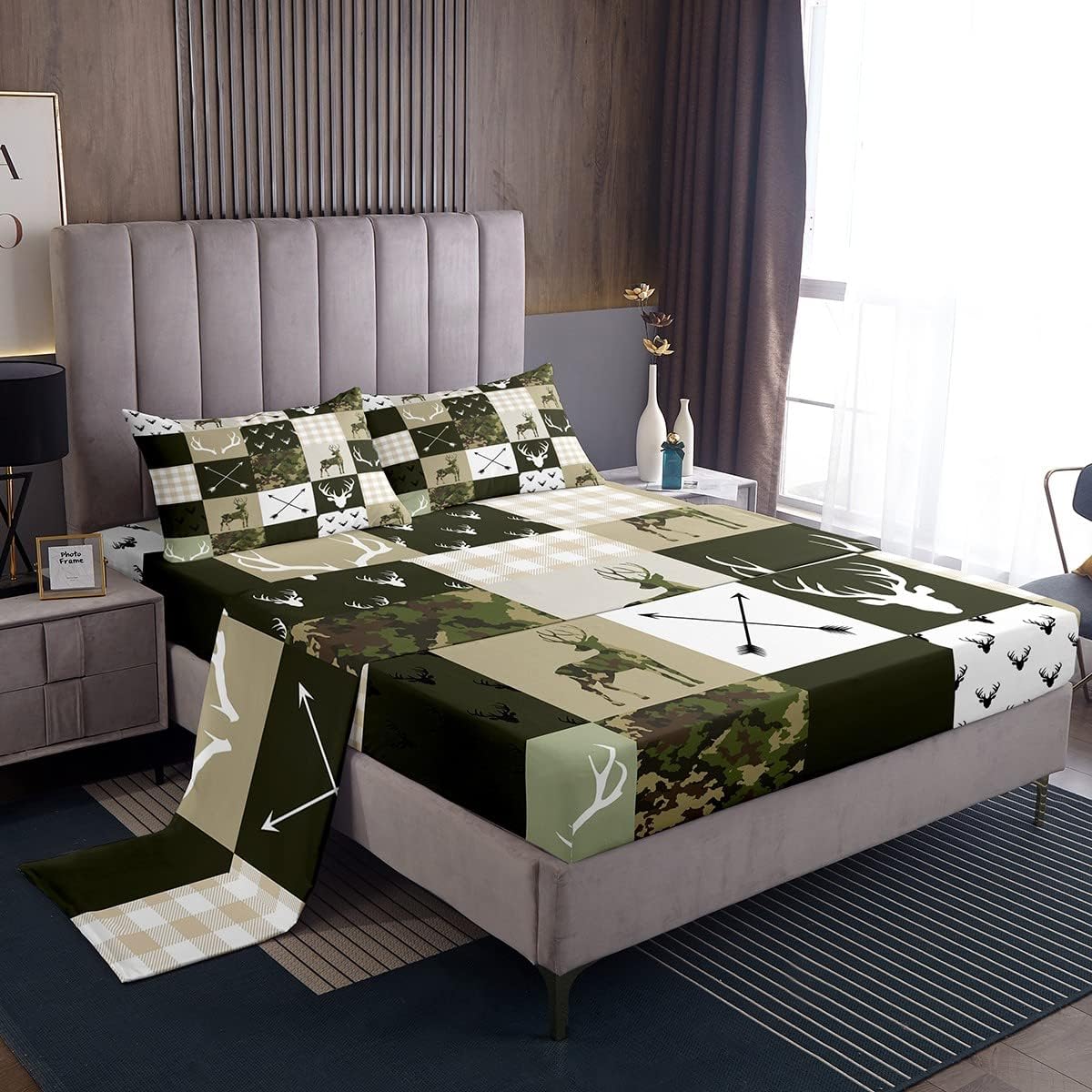 Antler Silhouette Kids Sheet Queen Size,Camo Green Rustic Bedding Set,Girls Boys Adults Bedroom/Xmas Decor,Geometric Plaid Patchwork Arrows Boho Bed Sheet Set 4pcs(Fitted + Flat + 2 Pillowcases)